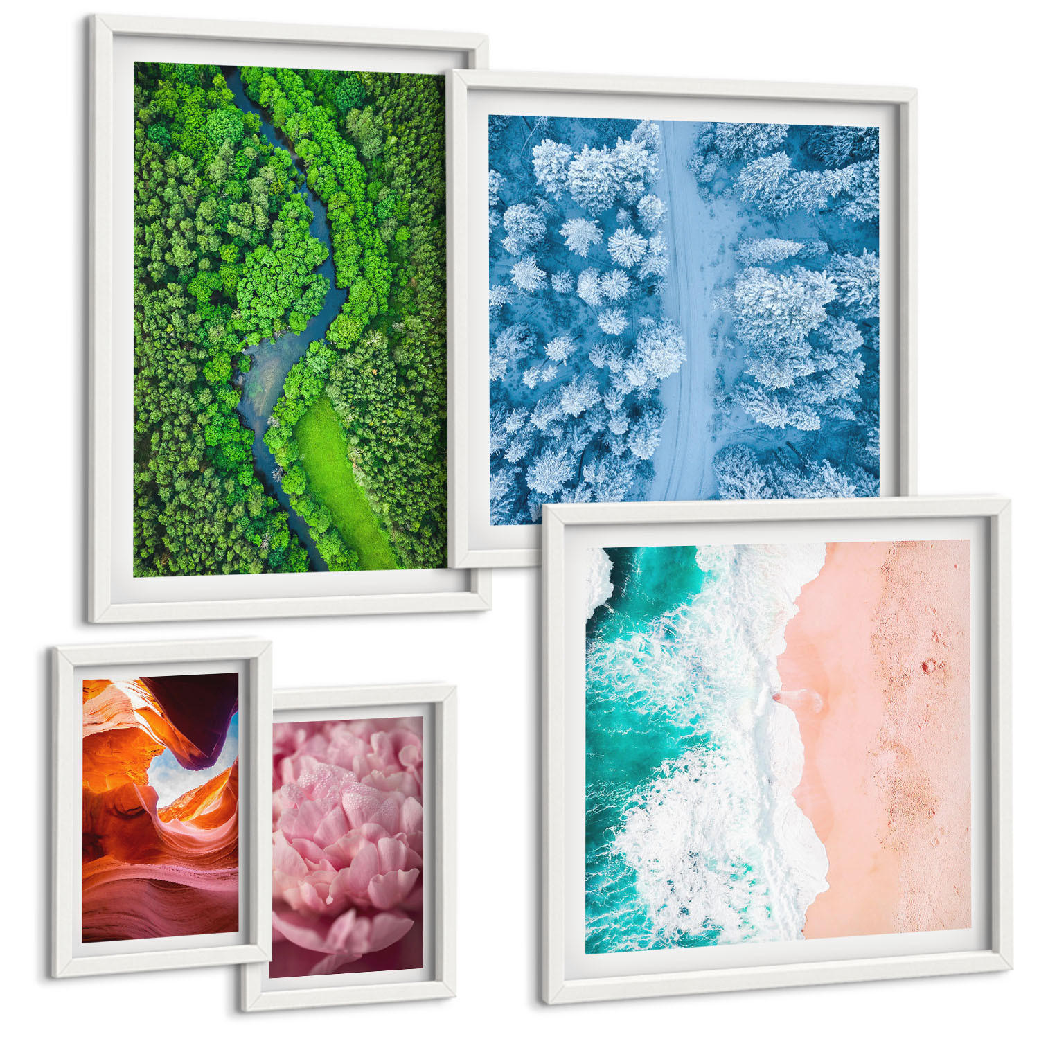 BILDER SET 5er Set - 50x50 cm & 20x30 cm & 40x60 cm Weißer Rahmen - Pferde, Bewegung, Strand, Leuchtturm, Berge - Weiß, Kunststoff (40/60cm) - TULUP