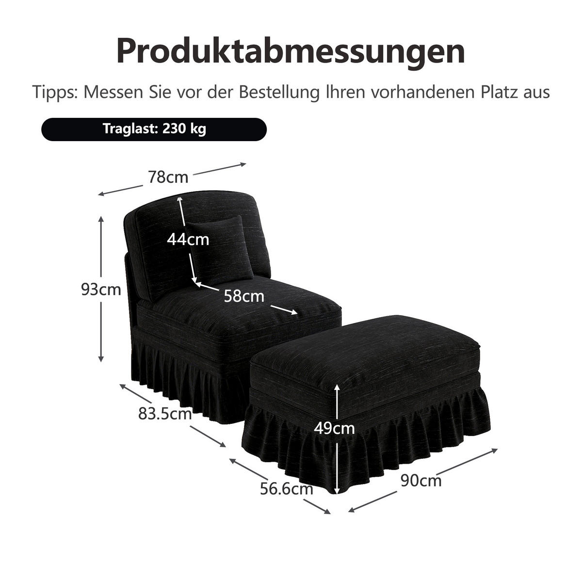 SESSEL DE-34420 mit Hocker Schwarz - Schwarz, Holzwerkstoff (83.5/93/78cm) - ComfortXL