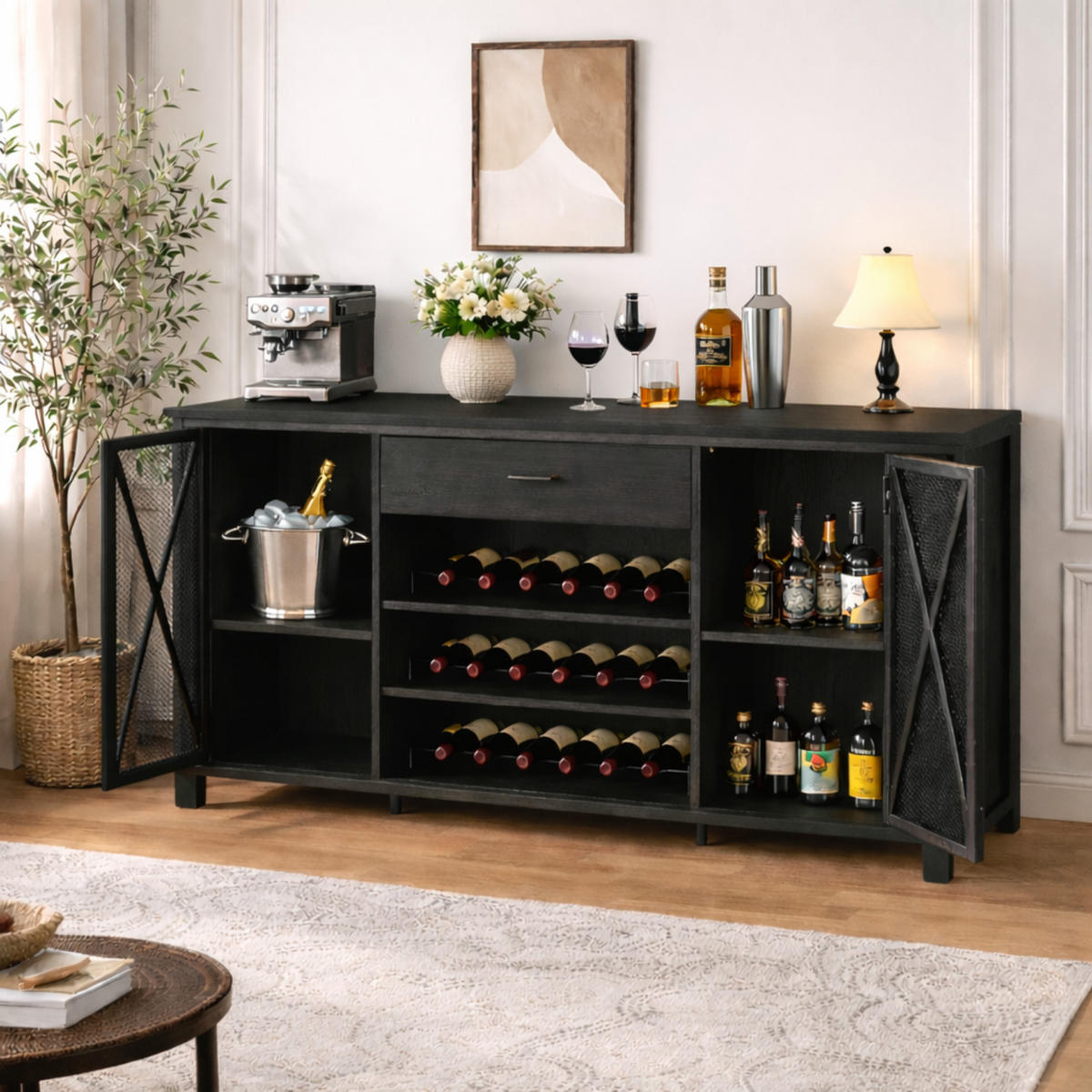 WEINREGAL 180 x 55 x 100 cm INDUSTRIAL Holz Metall Schwarz / Rustikal Eiche - Schwarz, Holzwerkstoff/Metall (180/101.5/55cm) - Quality Elegance