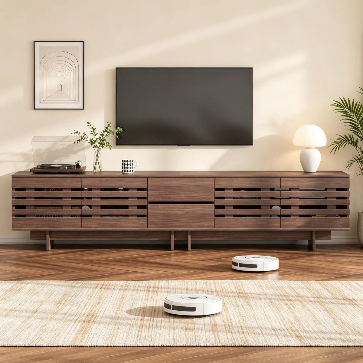 LOWBOARD in Walnussfarben TV-Schrank mit Schubladen für Fernseher bis zu 80 Zoll, B200/T39.5/H55 cm - Walnussfarben, Holzwerkstoff (200/55/39.5cm) - STILVORA