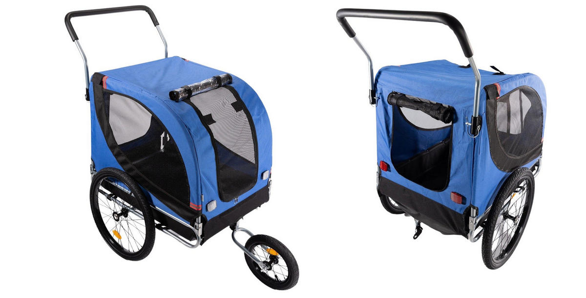 HUNDEANHÄNGER, Fahrradanhänger, 3in1, Hundebuggy, Jogger, Hundewagen, Bis 40kg, Klappbar, Für Fahrrad, Outdoor, Haustier, Transport, Reise, Faltbar - Blau/Schwarz, Metall (75/103/139cm) - Sena