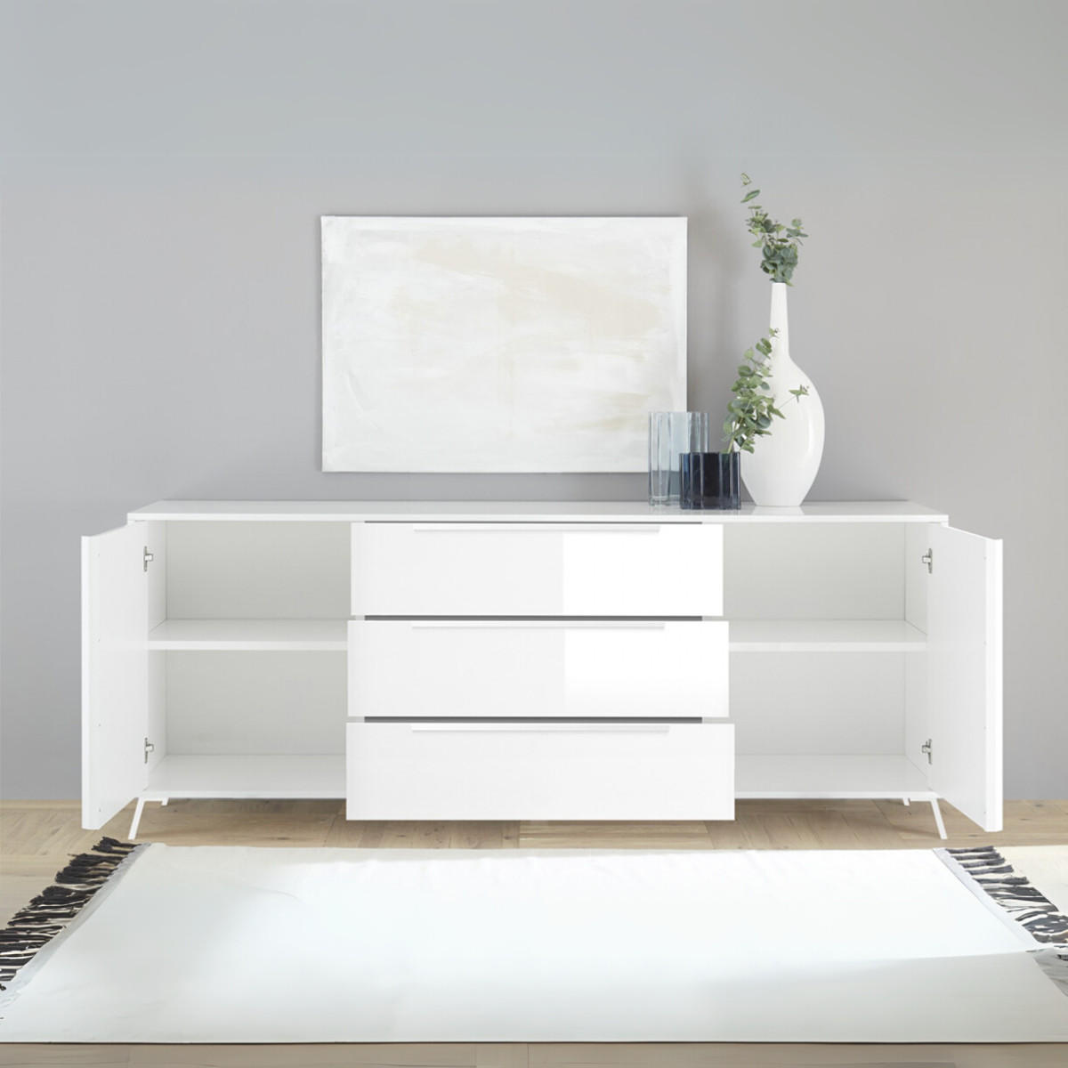 SIDEBOARD mit 2 Türen und 3 Schubladen L205 cm - City - Weiß, Holzwerkstoff (40/84/205cm) - Calicosy