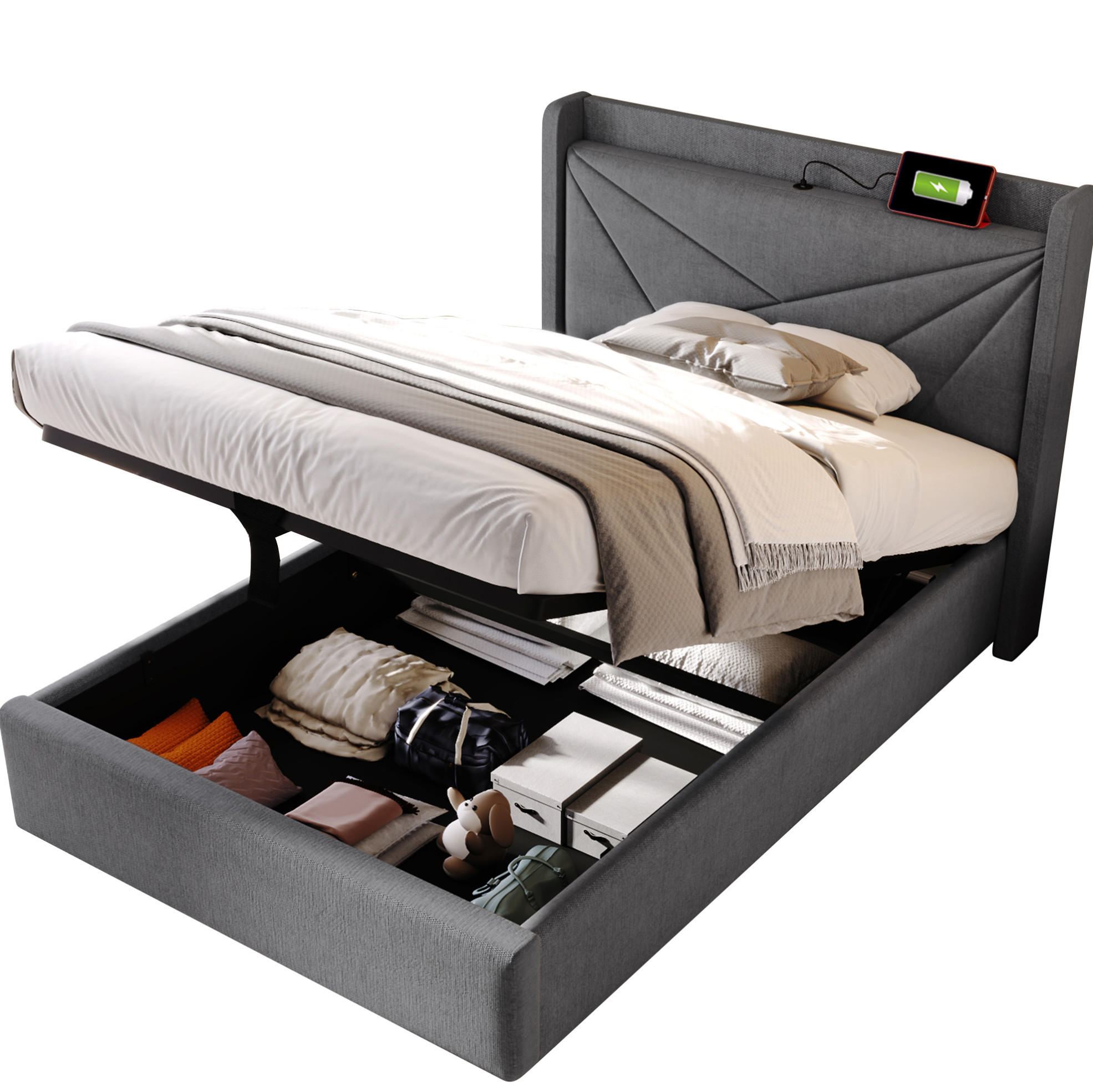 POLSTERBETT 90/200 cm mit Bettkasten, USB-C und gepolstertem Kopfteil - Grau, Textil (90/200cm) - BEAOK