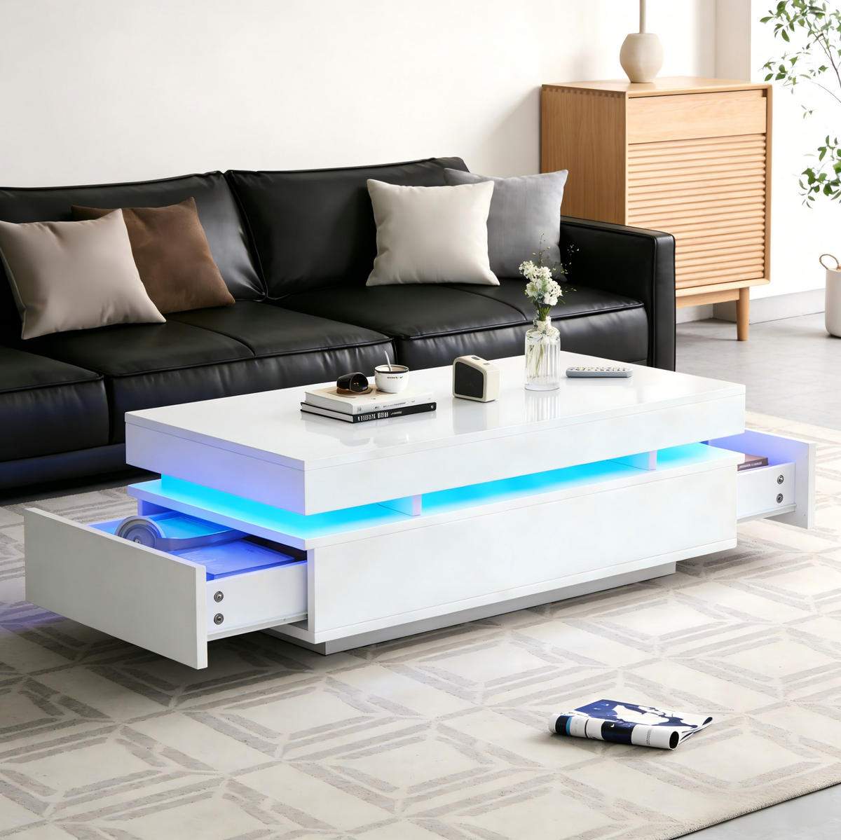 COUCHTISCH aus Spanplatte 100x50x35 cm Weiß Hochglanz mit 2 Schubladen und LED-Beleuchtung - Weiß, Holzwerkstoff (100/50/35cm) - IVMEU