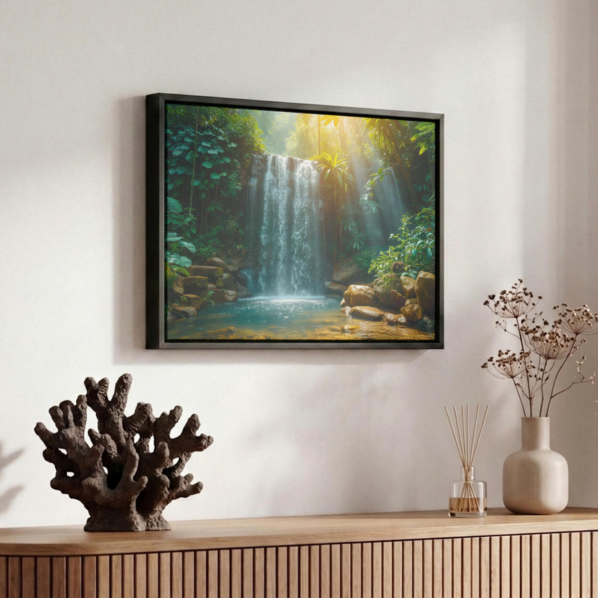 LEINWAND Bilder mit Rahmen - Wasserfall - Dschungel - Sonne - Grün - Natur - 30x20 - Grün, Textil (30/20cm) - MuchoWow