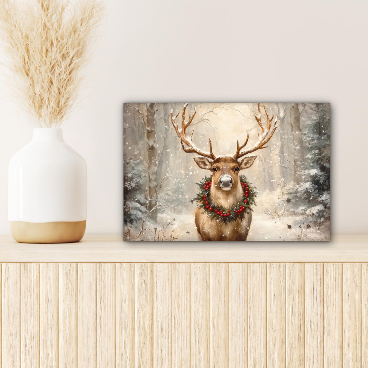 LEINWANDBILD Weihnachten - Rentier - Winter - Kranz Deko Schlafzimmer 30x20 cm - Braun, Textil (30/20cm) - MuchoWow
