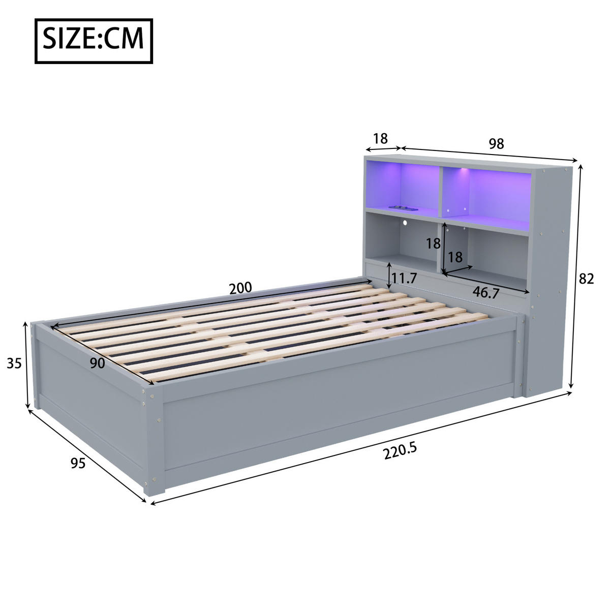 HOLZBETT 90/200 cm mit Kopfteil, LED und Stauraum – inkl. Lattenrost - Grau, Holz (90/200cm) - BEAOK