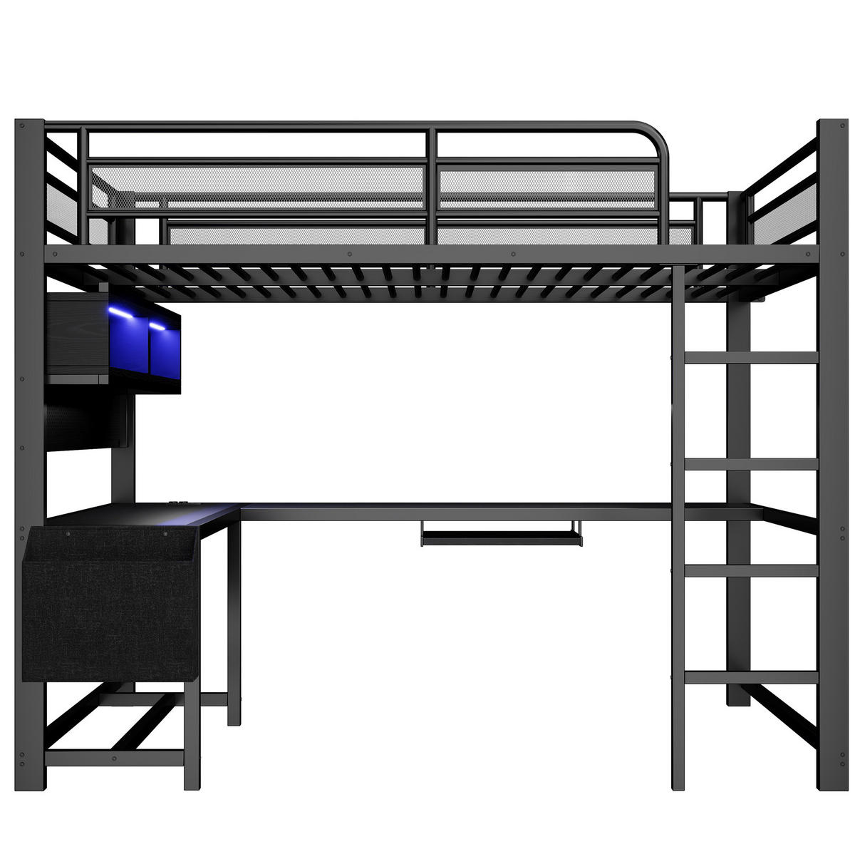 HOCHBETT 140/200 cm Schwarz mit Schreibtisch und LED - Schwarz, Metall (140/200cm) - MIVRAY