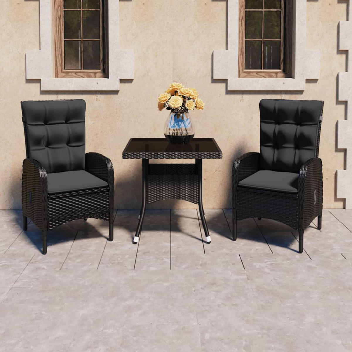 LOUNGEGARNITUR mit Kissen und Bistrotisch, aus Poly Rattan und Glas, in Schwarz, 3-teiliges Set - Schwarz, Kunststoff - vidaXL