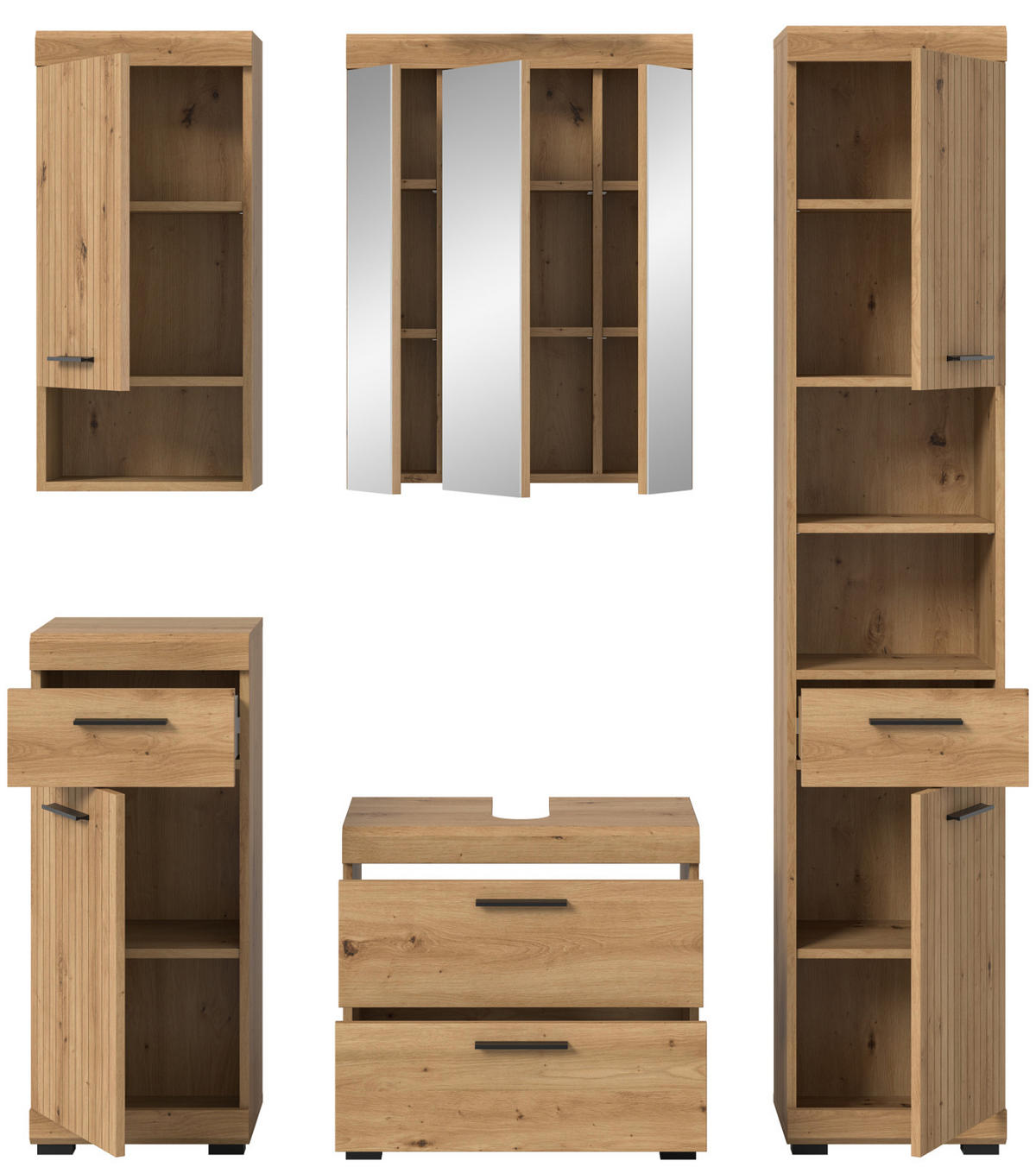BADMÖBEL-SET 5-teilig Eiche Artisan 164 x 191 cm, Komplettset mit viel Stauraum - Schwarz/Eiche Artisan, Glas/Holzwerkstoff (164/191/34cm) - Inn.Furn