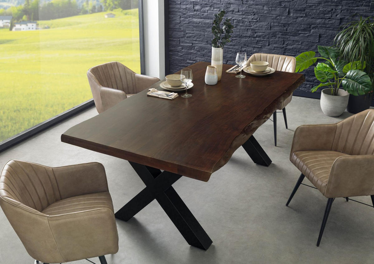 BAUMTISCH Akazie 200x100x77 braun lackiert / X-Beine anthrazit matt FREEFORM 5 - Anthrazit/Braun, Holz (200/100/77cm) - Massivmoebel24