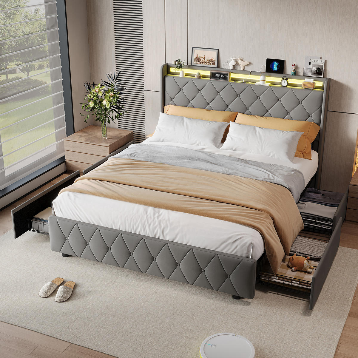 POLSTERBETT 140x200 cm mit 4 Schubladen, LED, USB & Type-C, Doppelbett Kopfteil und Lattenrost, Grau - Grau, Metall (140/200cm) - EuroLiving