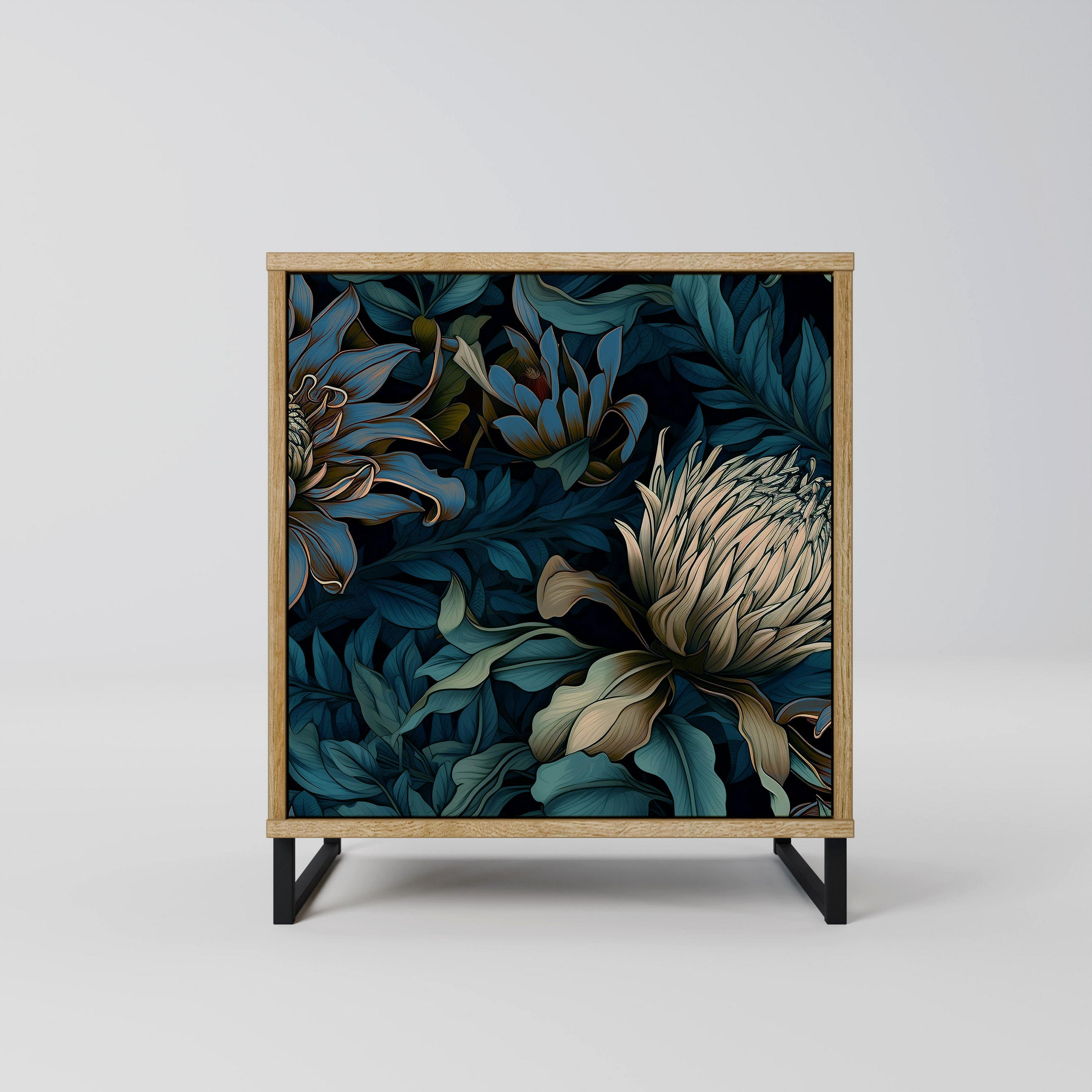 SIDEBOARD TWILIGHT BLOOM, Eichefarben, 57,5x42x67,5 cm, Schwarze Metall-Rahmenfüße - Eichefarben/Multicolor, Holzwerkstoff/Metall (57.5/67.5/42cm) - SpaceRebels