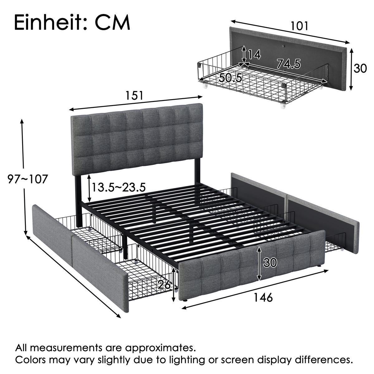 POLSTERBETT 140/200 cm Grau mit 4 Schubladen und höhenverstellbarem Kopfteil - Grau, Textil (140/200cm) - OKWISH