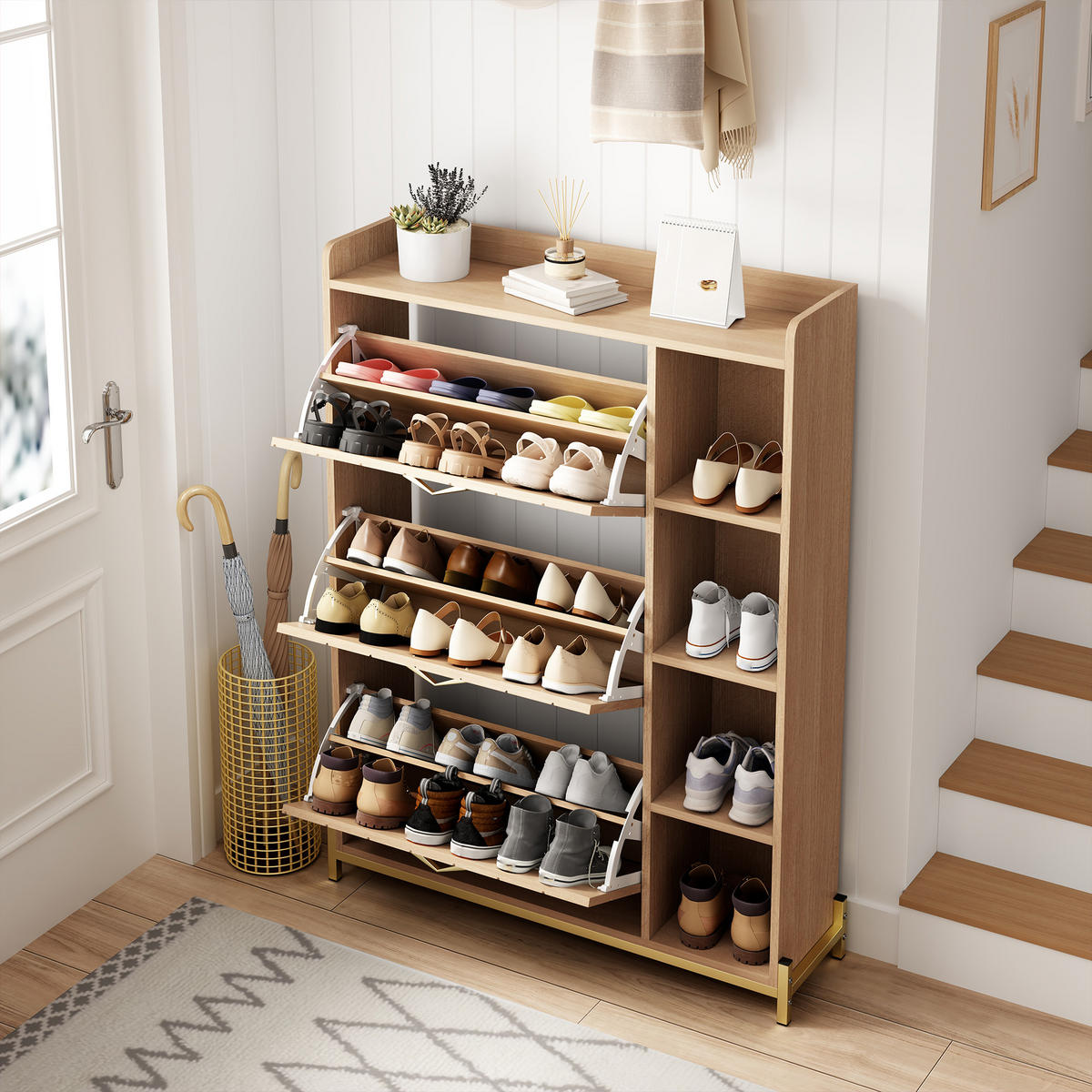 SCHUHSCHRANK 3 Türen Klappdeckel Eiche schmal mit Regalen - Naturfarben, Holz (90/119/24cm) - LEBENLANG