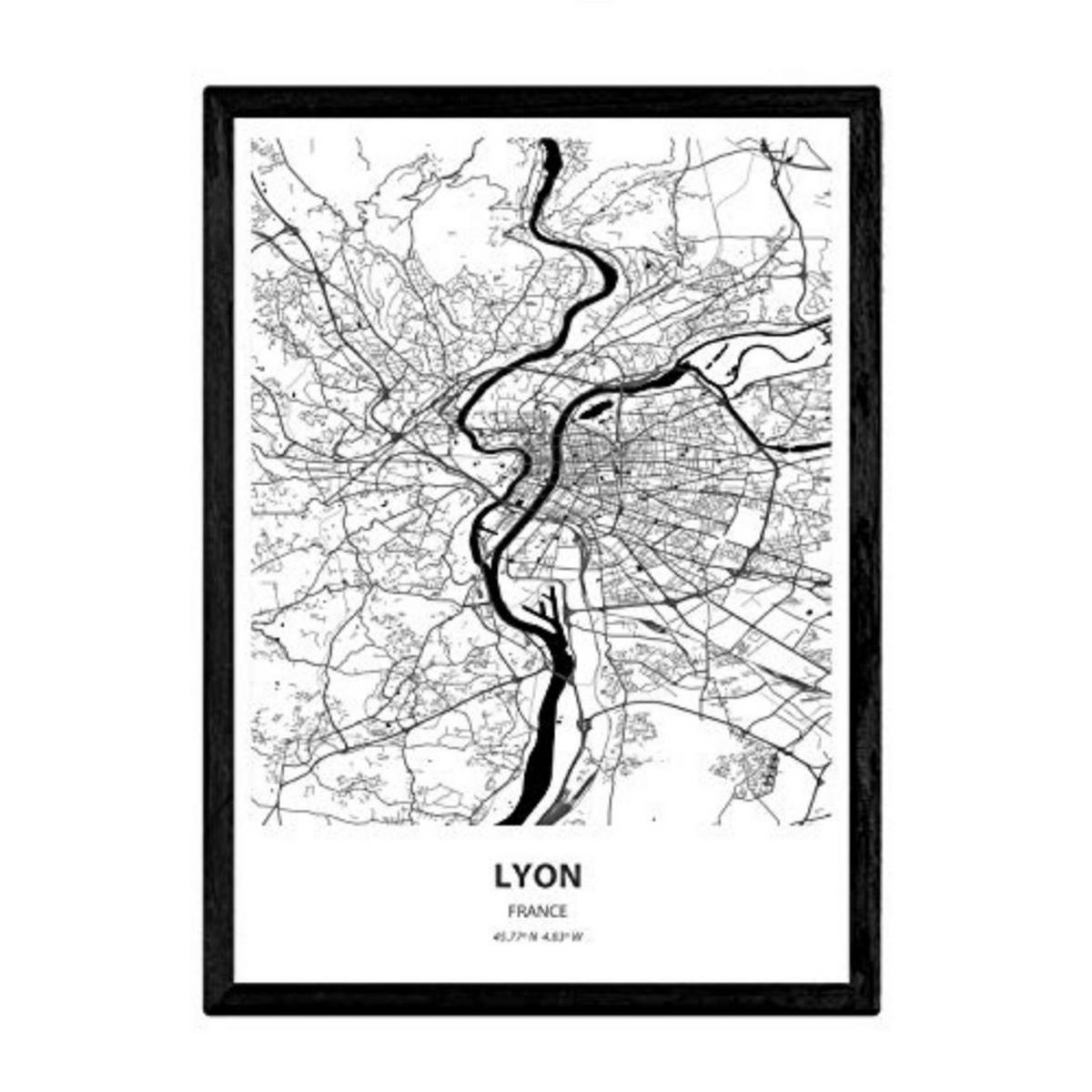 POSTER Karte Von Lyon - Frankreich A3 Schwarzer Rahmen - Schwarz, Papier (29.7/5/42cm) - Nacnic