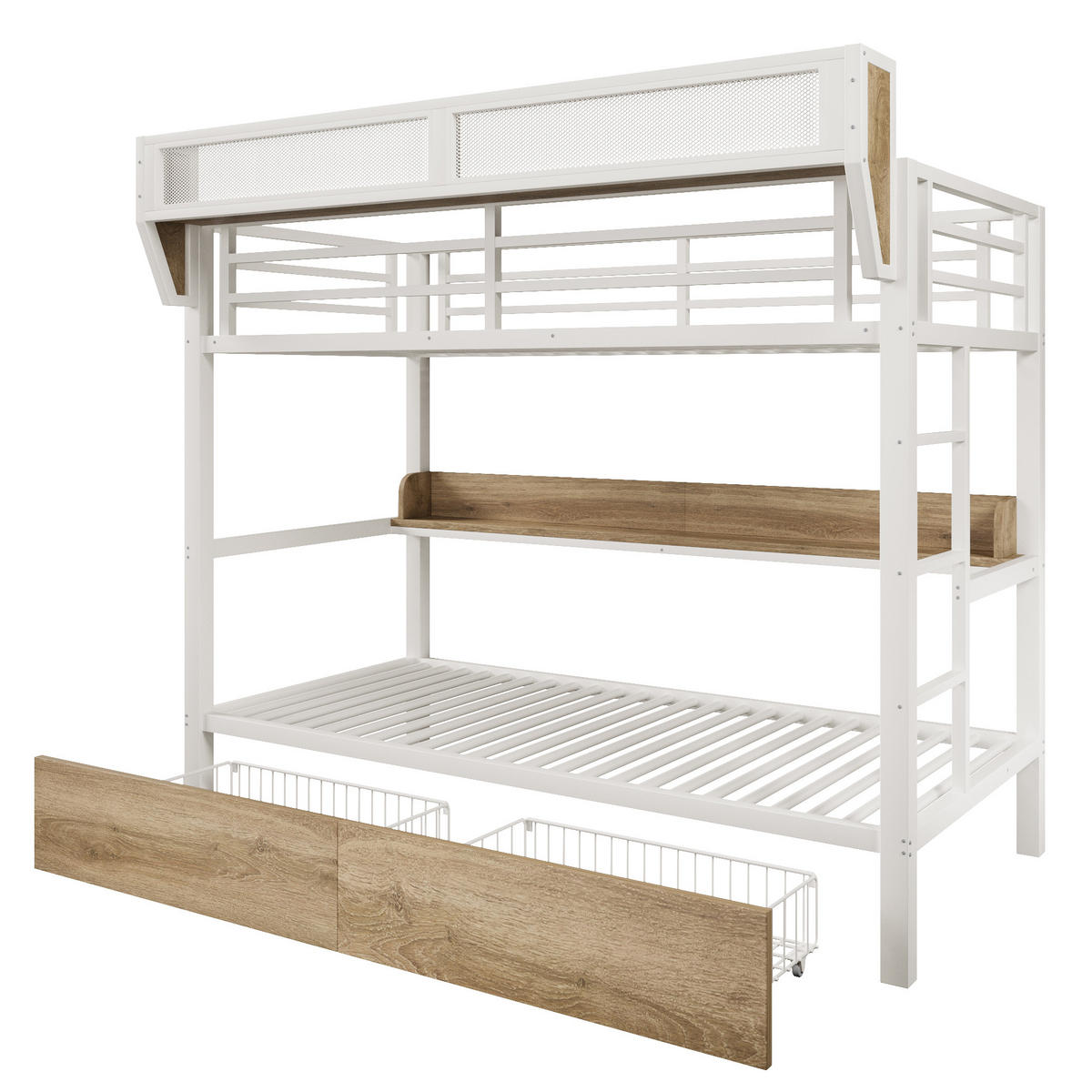 ETAGENBETT 90/200 cm in Weiß mit LED, 2 Schubladen und Aufbewahrungskorb - Weiß, Holzwerkstoff/Metall (90/200cm) - WISHDOR