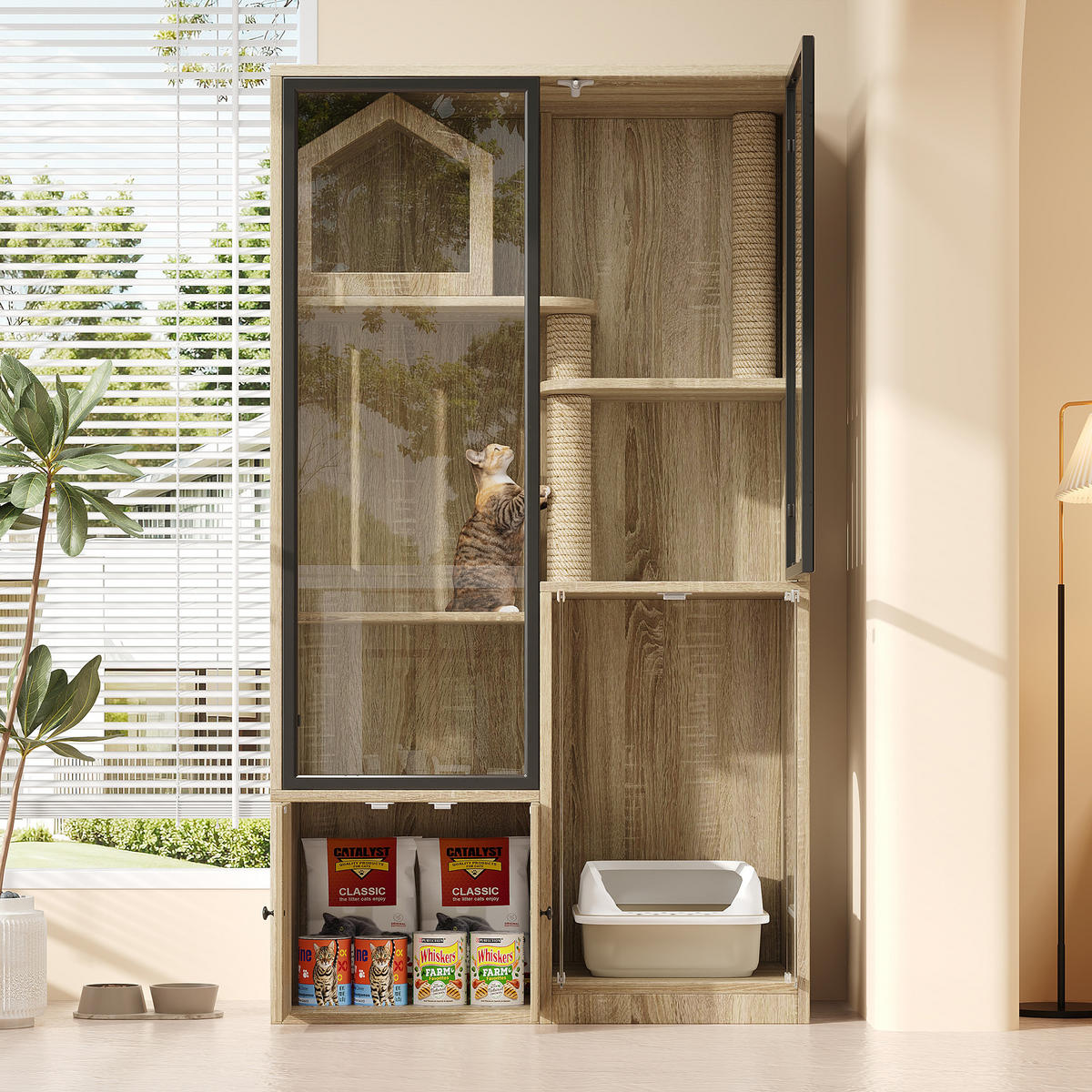 BUFFET Katzenmöbel mit Panoramaglastür und Kratzbaum, Stauraum Mehr-Ebenen Design MDF Holzoptik - Transparent/Naturfarben, Glas/Holzwerkstoff (90/160/50cm) - EVRYAE