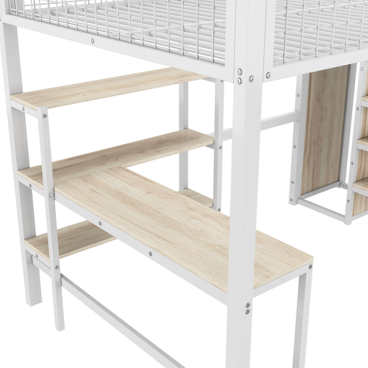 HOCHBETT 140/200 cm Weiß aus Metall und MDF mit Schreibtisch und Kleiderschrank - Weiß, Metall (140/200cm) - OKMYHOME