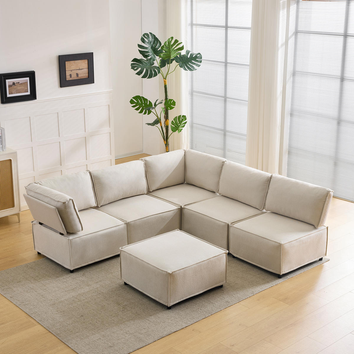 WOHNLANDSCHAFT Leinen Beige Frei kombinierbar - Beige, Holzwerkstoff/Textil (308/77/152cm) - WISHDOR