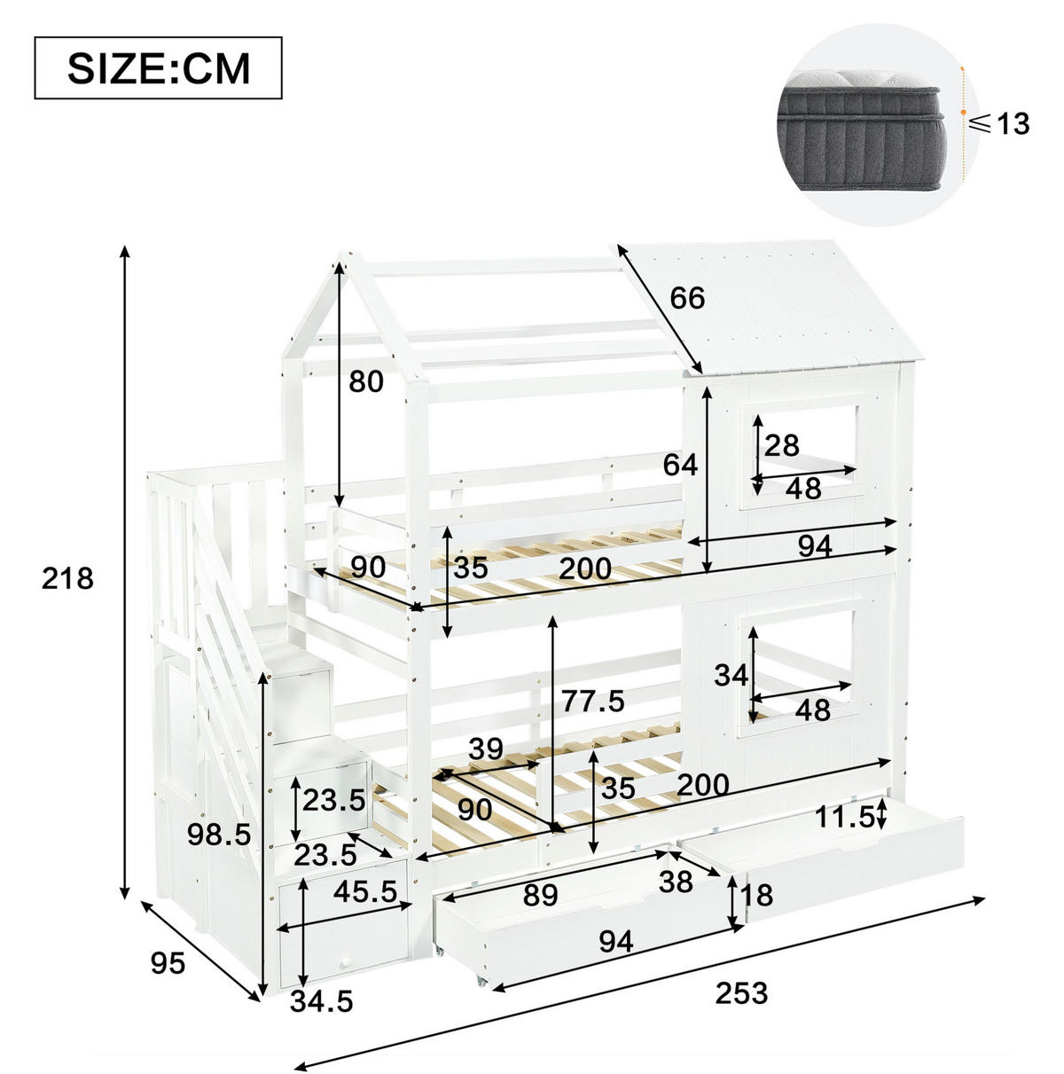 ETAGENBETT aus Kiefernholz und MDF 90x200 cm Weiß mit Stauraumtreppe und Schublade - Weiß, Holzwerkstoff (90/200cm) - IVMEU