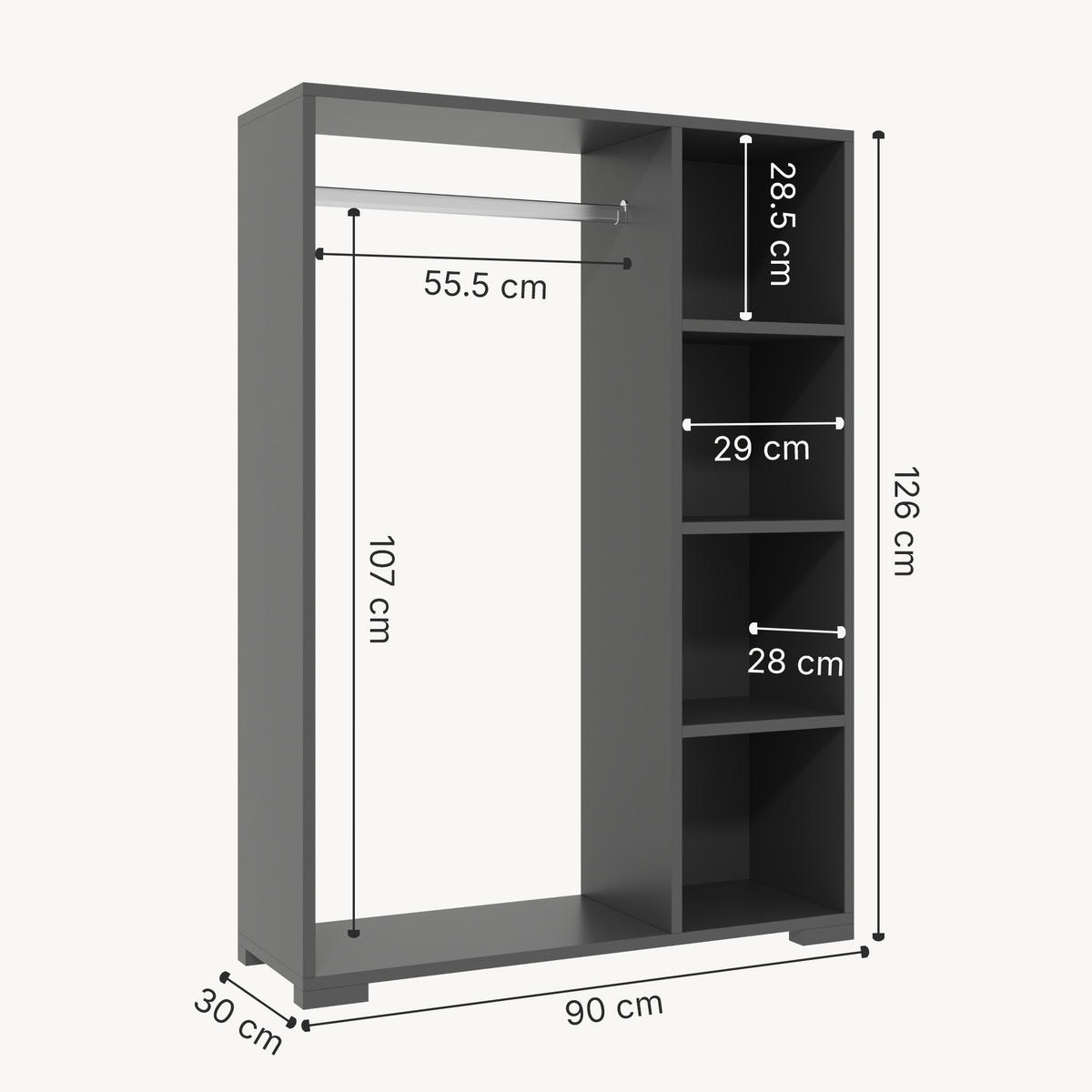 KLEIDERSCHRANK Nesbyen - Anthrazit, Holzwerkstoff/Kunststoff (90/126/30cm) - [en.casa]