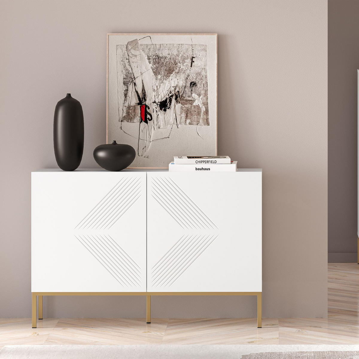 KOMMODE NEBRO,Weiß/Goldfarben - Goldfarben/Weiß, Holzwerkstoff (114/77/37cm) - KONSIMO®