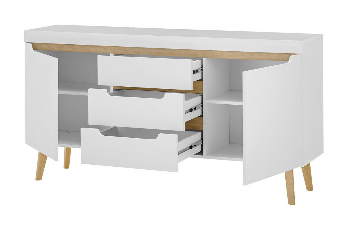 SIDEBOARD weiß matt, Eiche, skandinavisch 160 cm, Kommode mit Soft-Close-Funktion - Eichefarben/Weiß, Holz/Holzwerkstoff (160/83/40cm) - Furn.Design