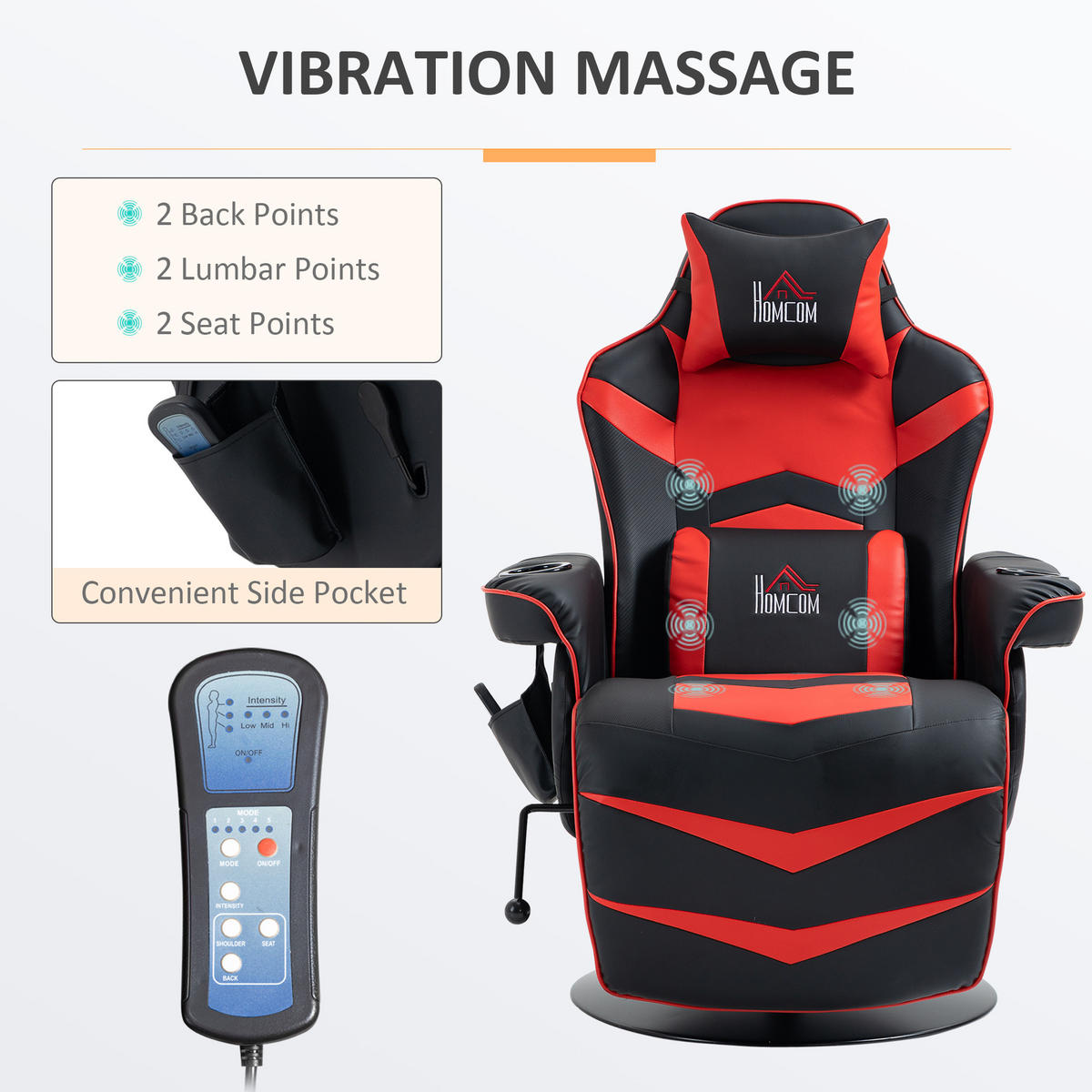 RELAXSESSEL mit Massagefunktion, Elektrisch Fernsehsessel mit Liegefunktion - Rot/Schwarz, Leder/Metall (82.5/111.5/78cm) - HOMCOM