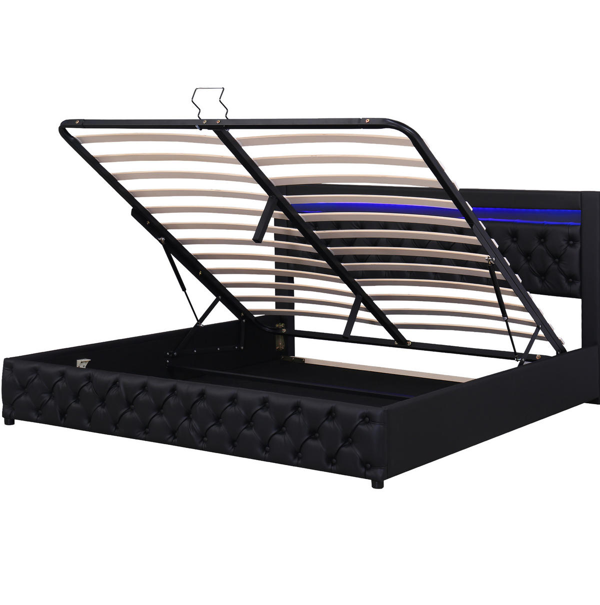 POLSTERBETT 140/190 cm mit LED-Beleuchtung, hydraulischem Bettkasten und Lattenrost, PU, Schwarz - Schwarz, Kunststoff (140/190cm) - Redom