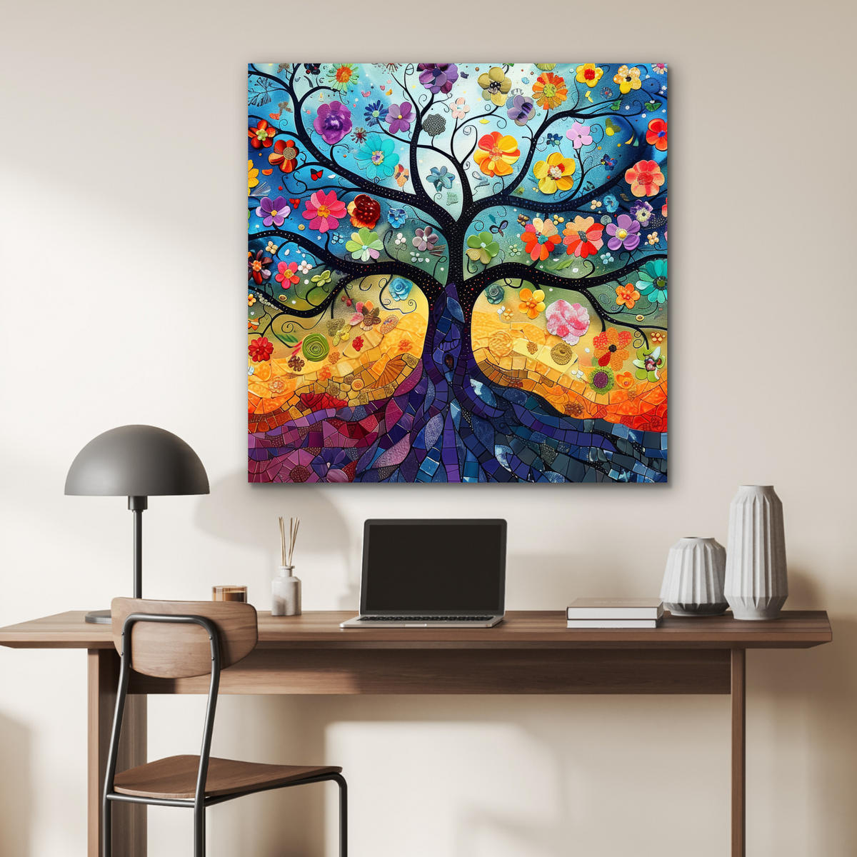 KOVOVÝ OBRAZ Umenie - Strom života - Kvety - Hippie 90x90 cm - tmavomodrá, kov (90/90cm) - MuchoWow