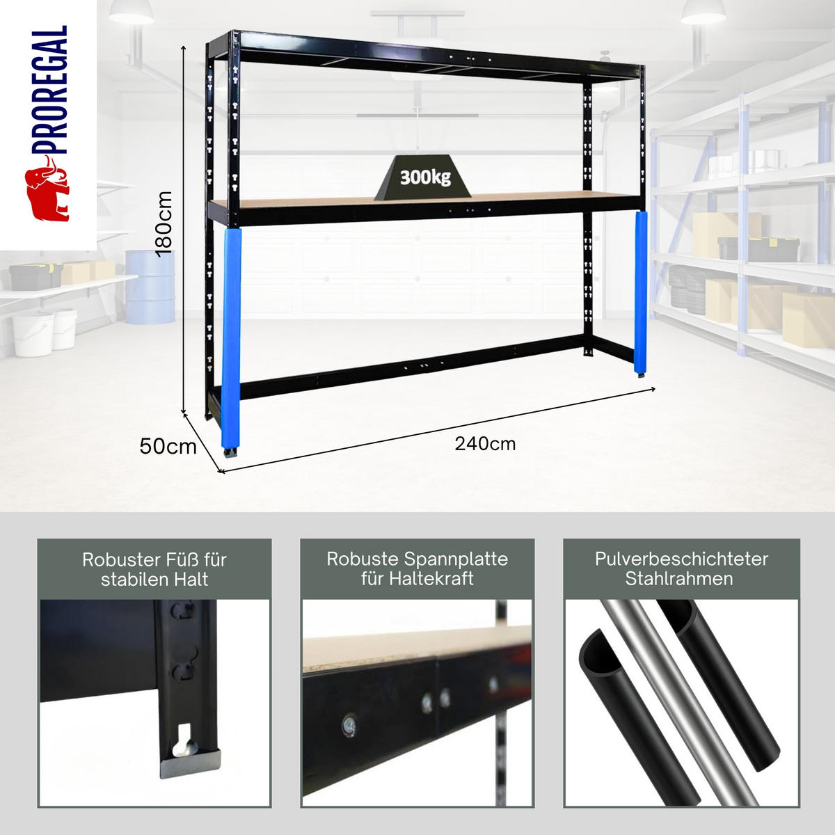 PROREGAL Garagenregal HERCULES 180x240x50cm 2 Lagerebenen Schwarz - Schwarz, Metall (240/180/50cm) - PROREGAL