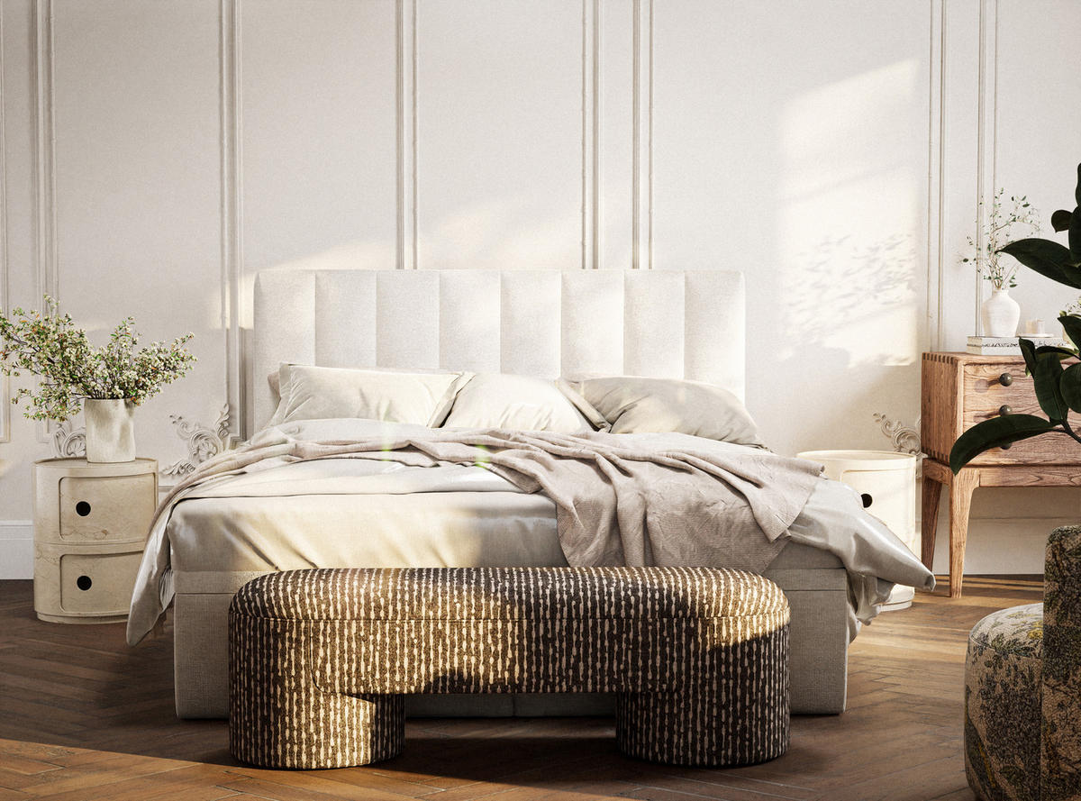 BOXBETT 180/200 cm Lovage M, in Creme, Matratze, gepolstertes Kopfteil, Bettkasten, H3 = fest - Creme/Schwarz, Holz/Holzwerkstoff (180/200cm) - Maison de Reve