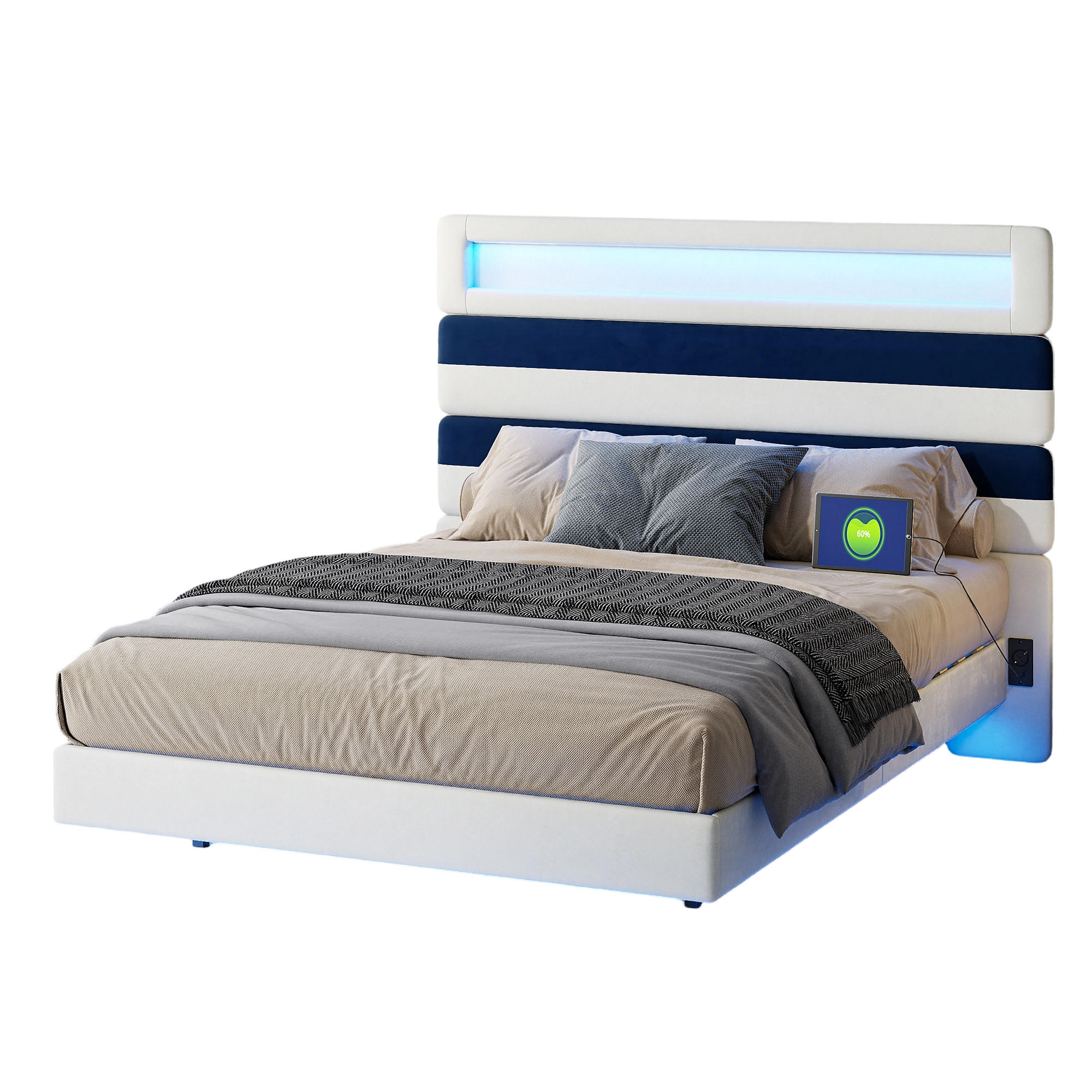 POLSTERBETT 140x190 cm mit integrierter LED-Beleuchtung, USB Typ-C Anschlüsse, Samtstoff weiß - Weiß, Holzwerkstoff (140/190cm) - Novahome