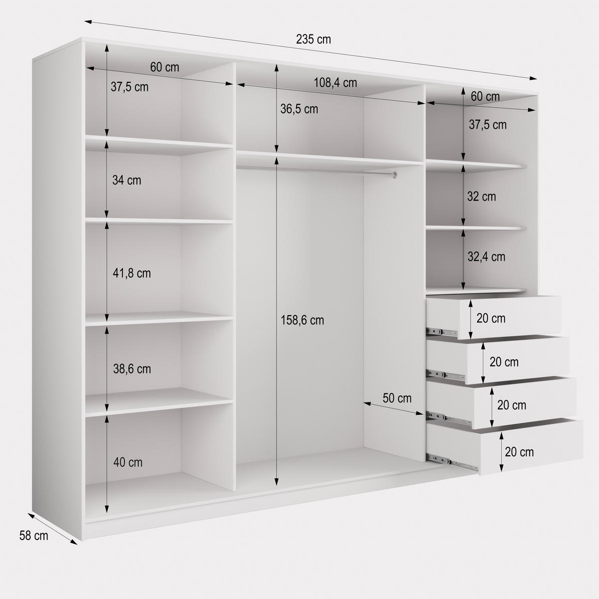 SCHWEBETÜRENSCHRANK TARI 235/205/58 cm 3-türig mit Spiegel und Schubladen Weiß - Silberfarben/Weiß, Holzwerkstoff (235/205/58cm) - MASSENO
