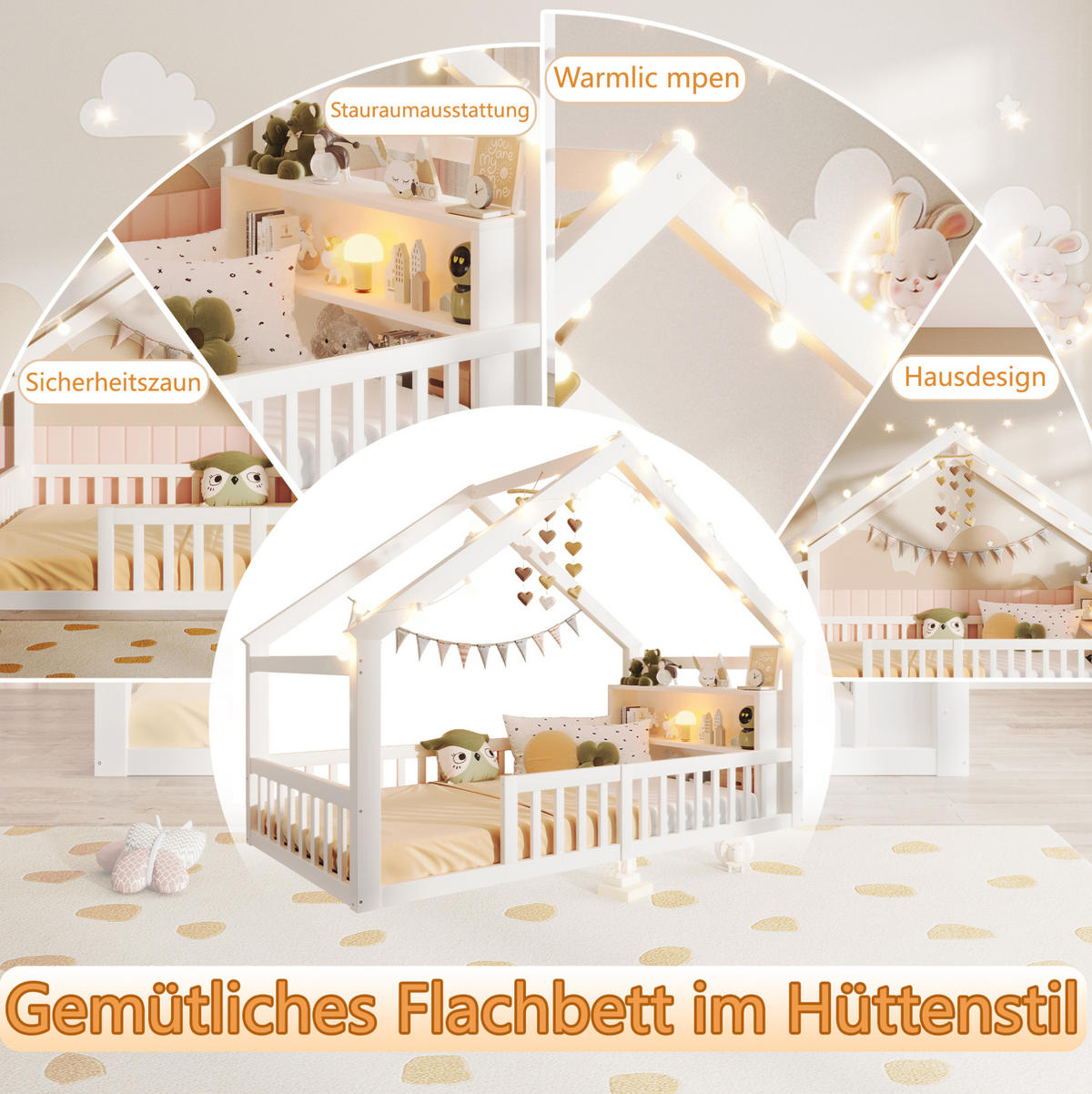 HAUSBETT 90/190 cm Weiß mit Schutzgitter und Regal - Weiß, Holz (90/190cm) - MIVRAY