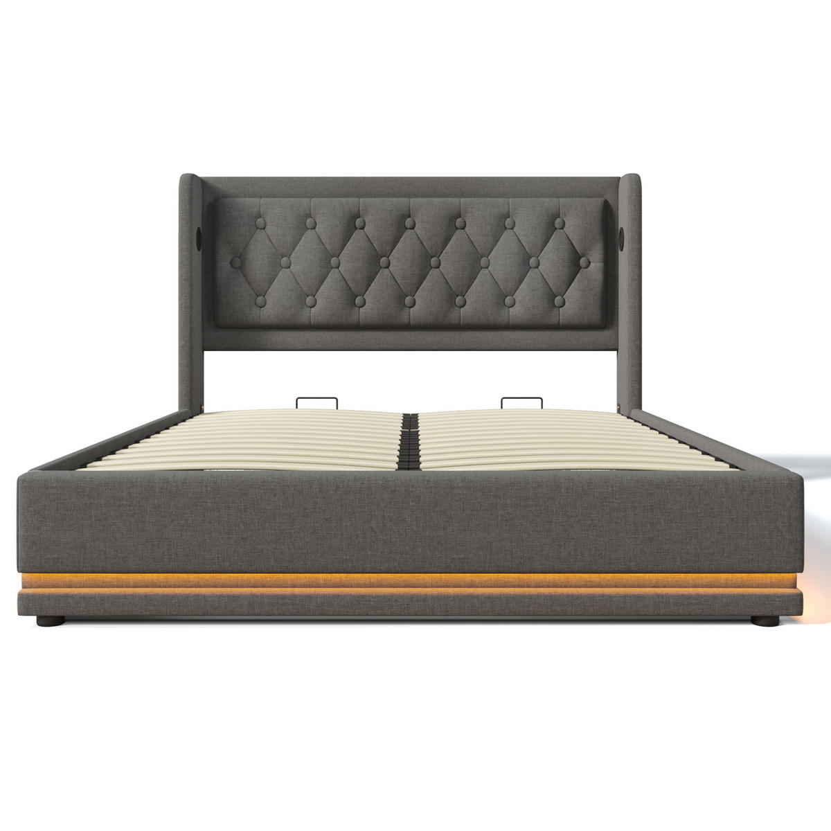 POLSTERBETT 180/200 cm Grau Baumwolle mit Stauraum und USB-Typ-C-Anschluss - Grau, Textil (180/200cm) - OKWISH