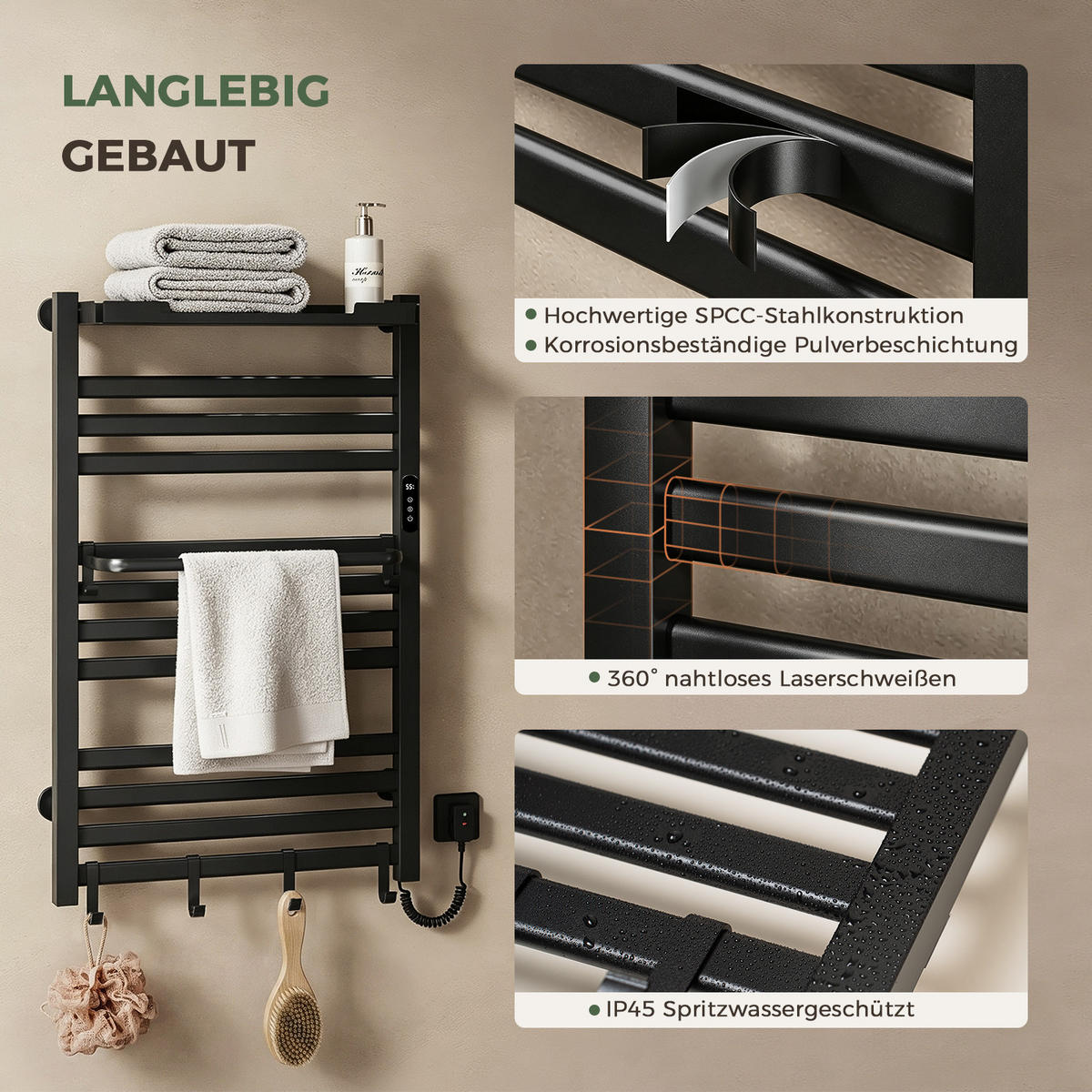 HANDTUCHHEIZKÖRPER 45/60 cm Schwarz elektrisch 155 W mit WLAN, Ablage und 6 Haken - Schwarz, Metall (60/45/20cm) - S'AFIELINA