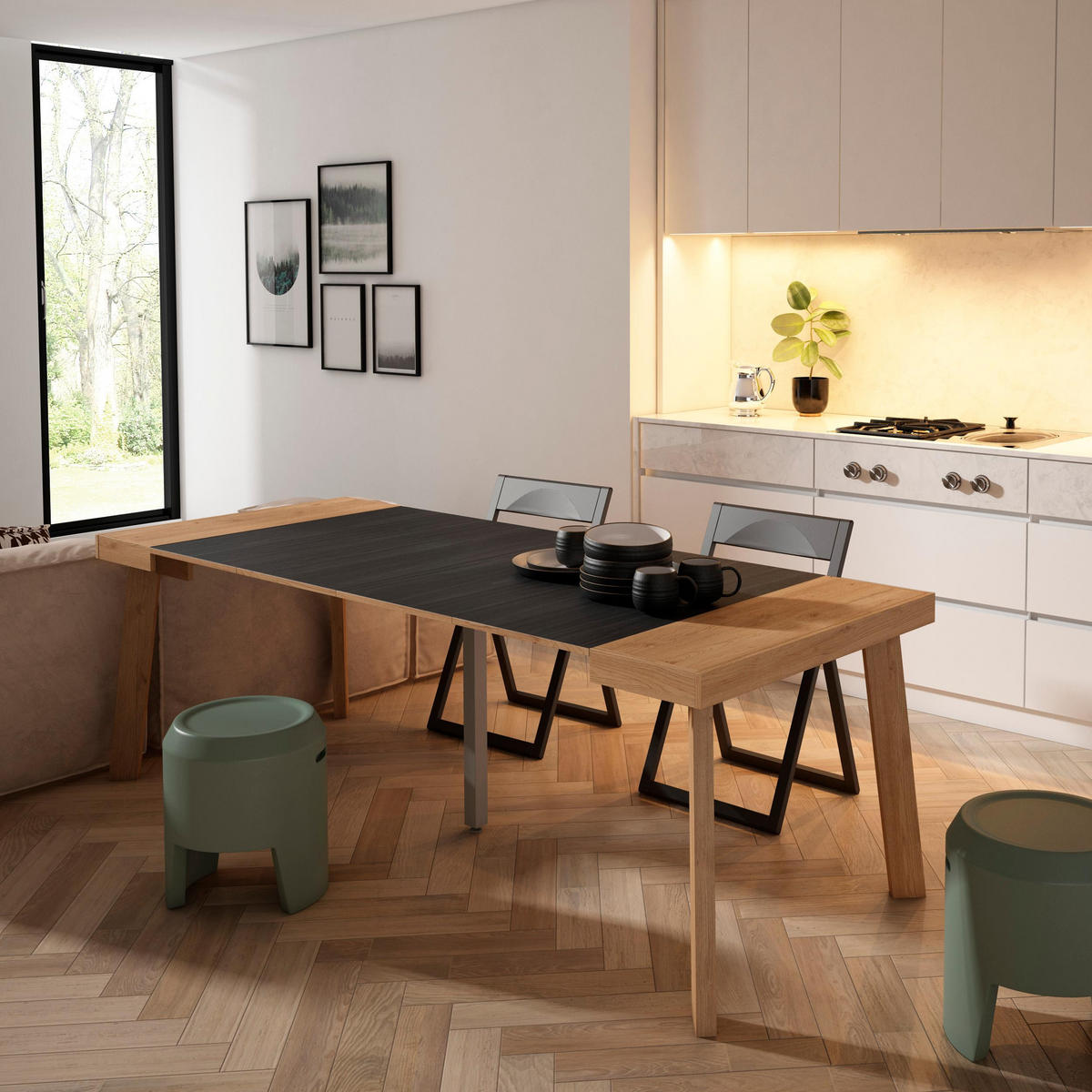 KONSOLENTISCH ausziehbar 58 bis 222cm, für 10 Gäste, eiche, schwarz, 90/58/73cm - Eichefarben/Schwarz, Holzwerkstoff (90/222/73cm) - Skraut Home