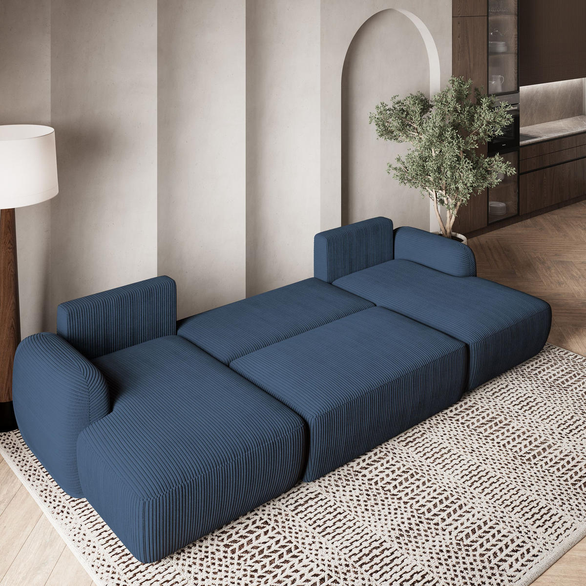 WOHNLANDSCHAFT SAVONA P Blau Kordstoff mit Schlaffunktion - Blau, Holz (320/90/148cm) - MASSENO