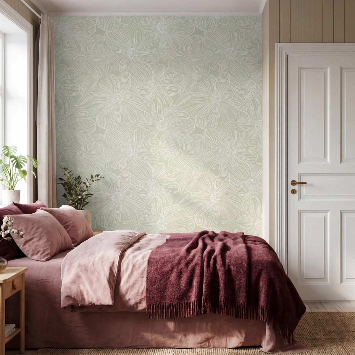 TAPETE - Gelassenheit - Blumen - Grün - 180x220 cm - Salbeigrün, Papier (180/220cm) - OnlyWow