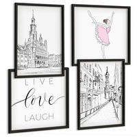 BILDER SET 4er Set - 50x50 cm & 40x60 cm Schwarzer Rahmen - Stilvolle Grafik, Ballerina-Architektur - Schwarz, Kunststoff (50/50cm) - TULUP
