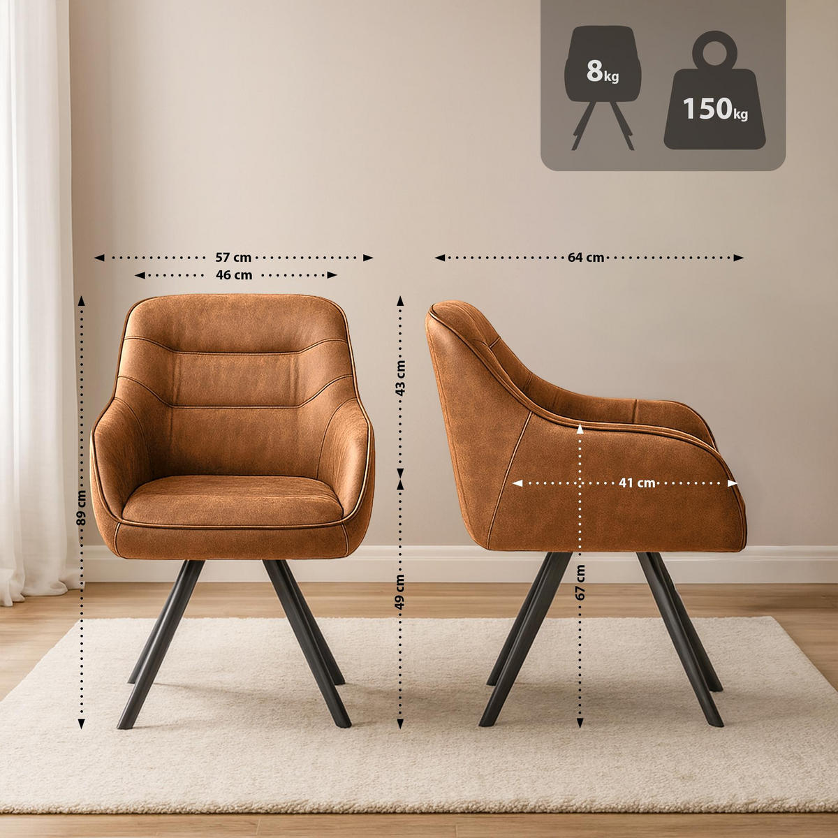 ESSZIMMERSTUHL Lederlook Hellbraun - Hellbraun/Schwarz, Textil/Metall (57/89/64cm) - CLP