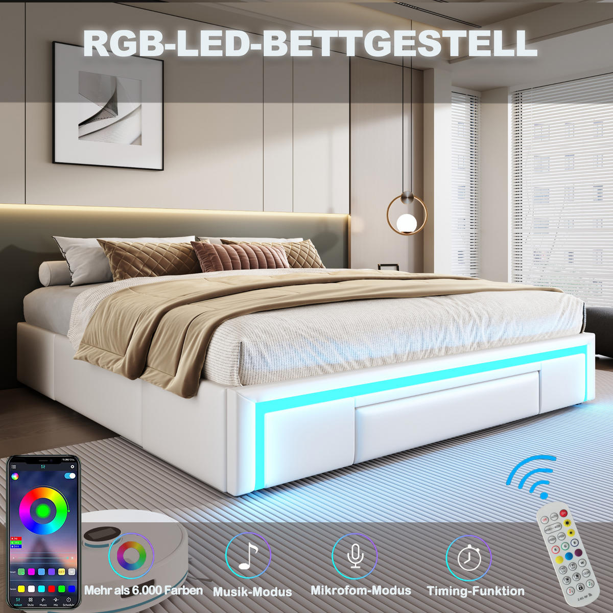 BETT 90/200 cm in Weiß mit Schubladen und LED - Weiß, Holzwerkstoff/Textil (90/200cm) - WISHDOR