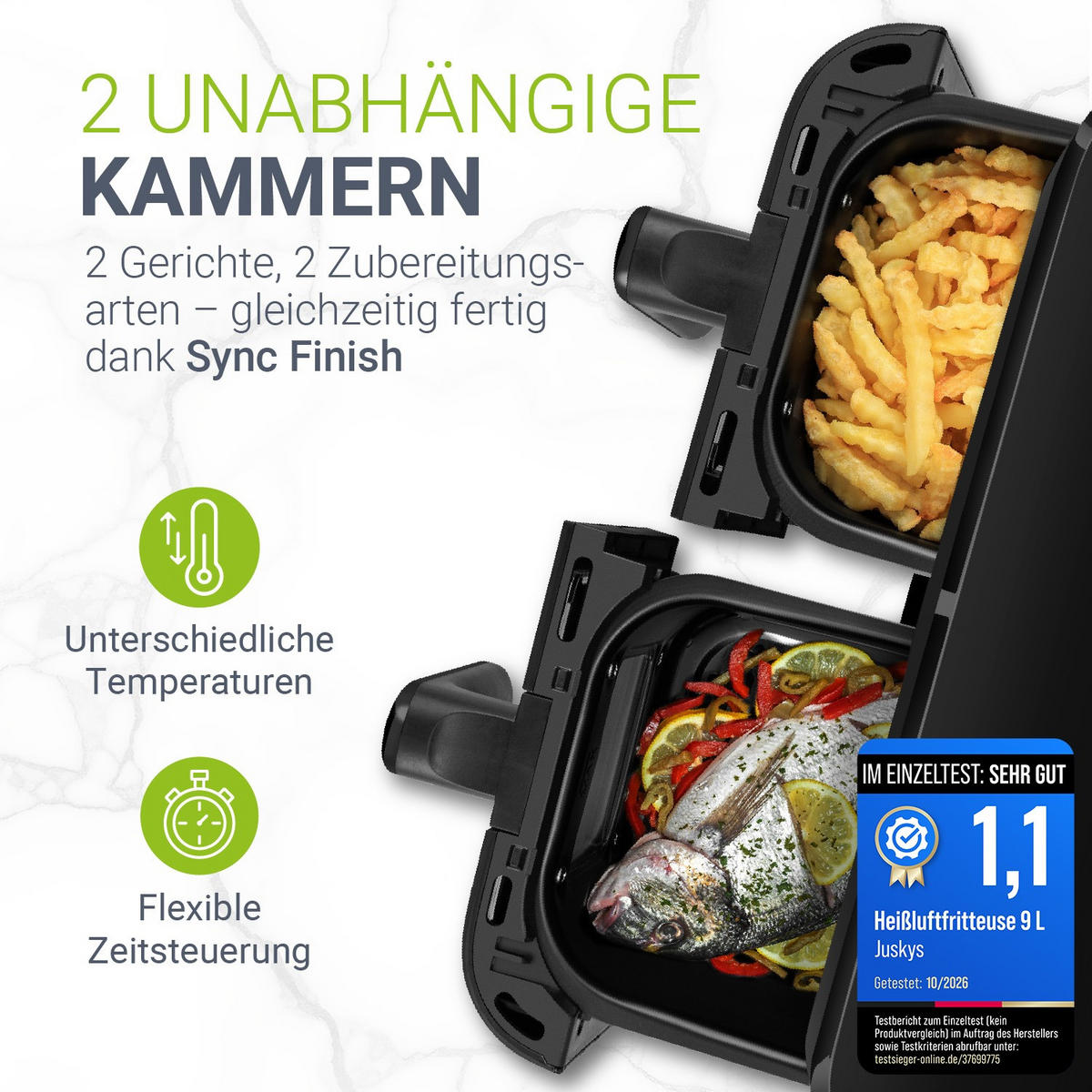 HEISSLUFTFRITTEUSE 9 L mit 2 Zonen - Schwarz, Kunststoff (41/39/30cm) - Juskys