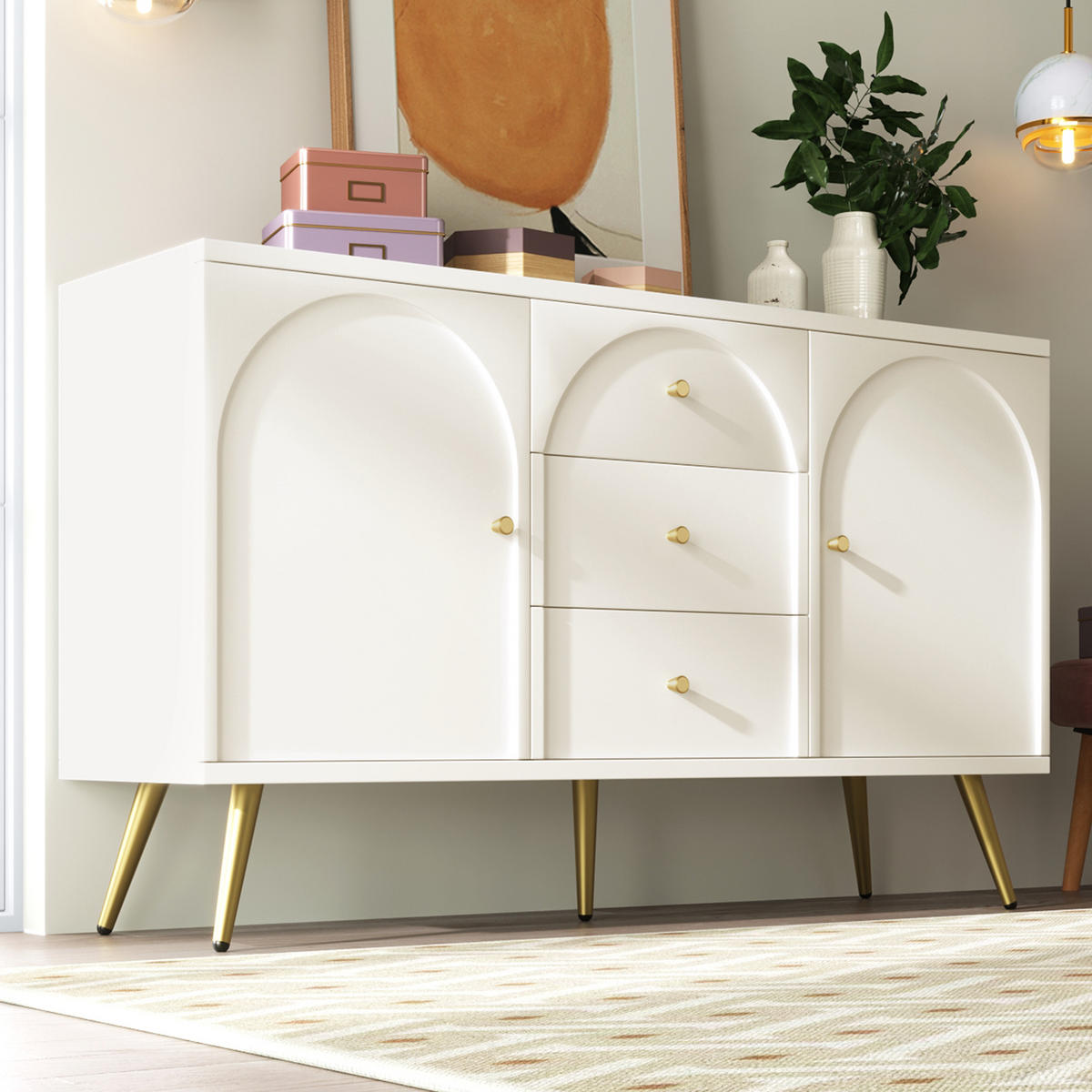 SIDEBOARD Cremeweiß, mit 2 Türen, 3 Schubladen und goldfarbenen Füßen, 140/40/84 cm - Creme, Holzwerkstoff (140/84/40cm) - WISHDOR