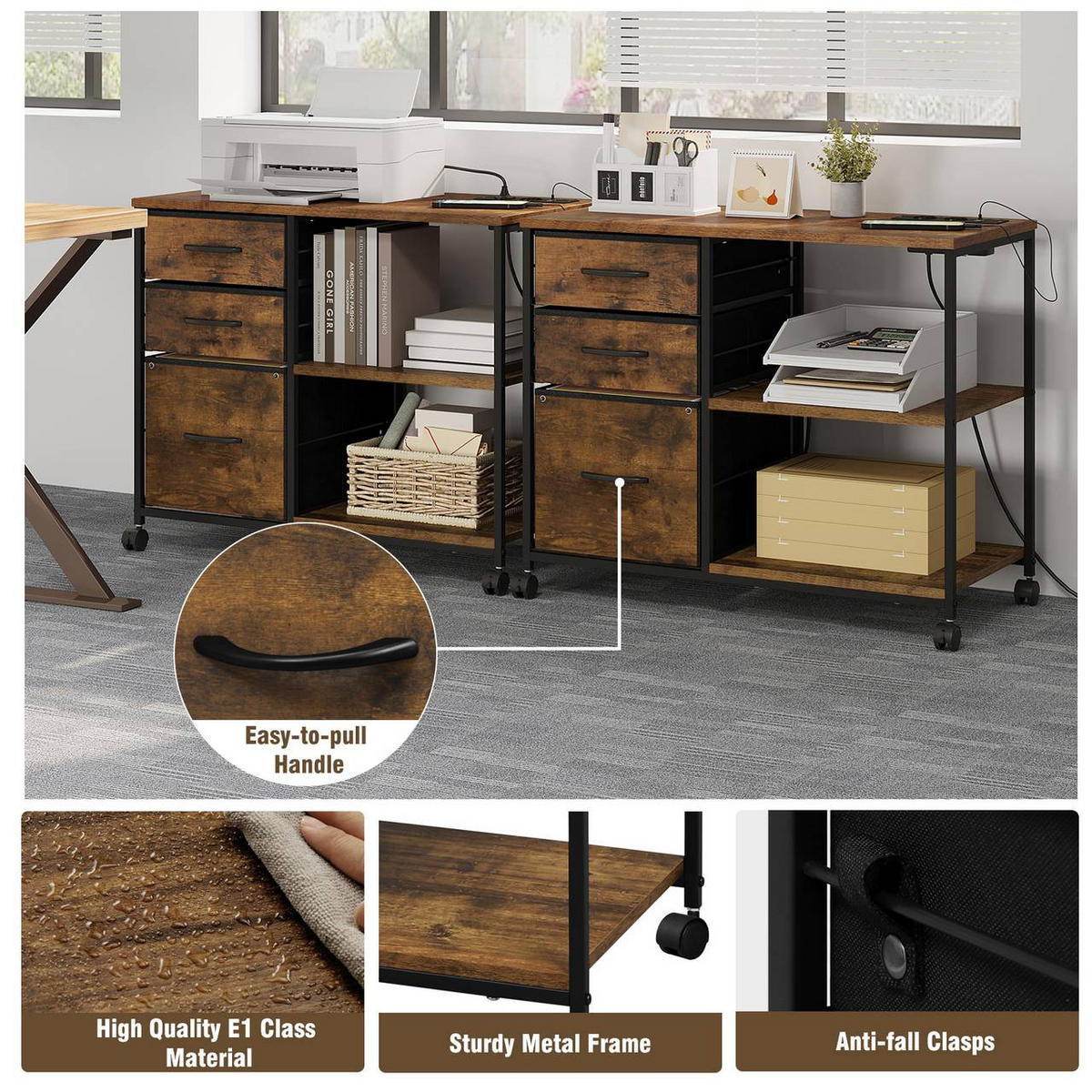 KONSOLENTISCH mit Ladestation,mit Rolle, Holzoptik - Schwarz/Teakfarben, Holzwerkstoff/Textil (40/80/66cm) - Woltu