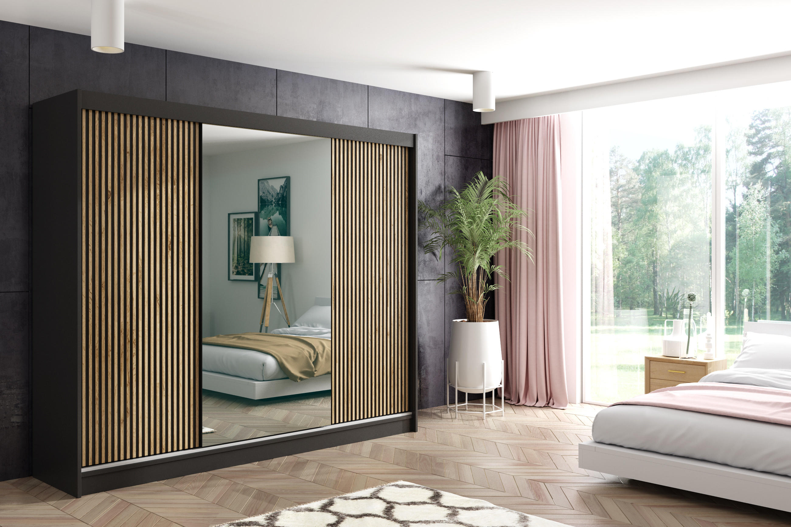 KLEIDERSCHRANK VILAN mit Spiegel/LED - 250 cm - Schwarz|Eiche Wotan - Eiche Wotan/Schwarz, Holzwerkstoff (250/215/61cm) - ALTDECOR