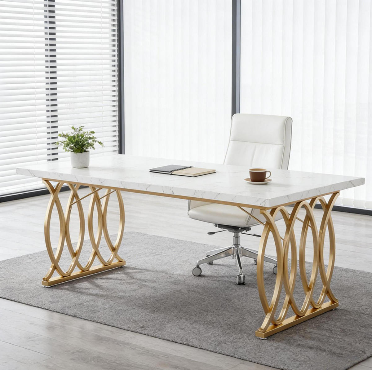 SCHREIBTISCH 160 x 80 cm Marmoroptik Weiß Gold - Weiß, Metall (160/80/75cm) - Meubliv