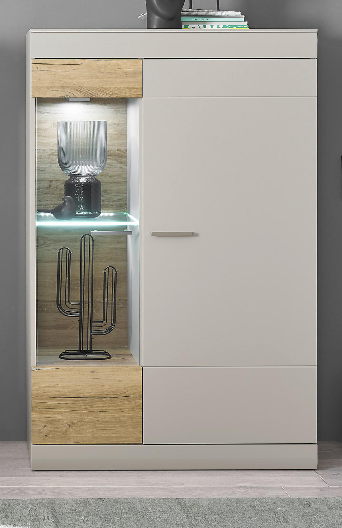 VITRINE grau matt, Zinneiche 90 cm, Vitrinenschrank mit Soft-Close-Funktion - Eichefarben/Silberfarben, Glas/Holzwerkstoff (90/139/35cm) - Furn.Design